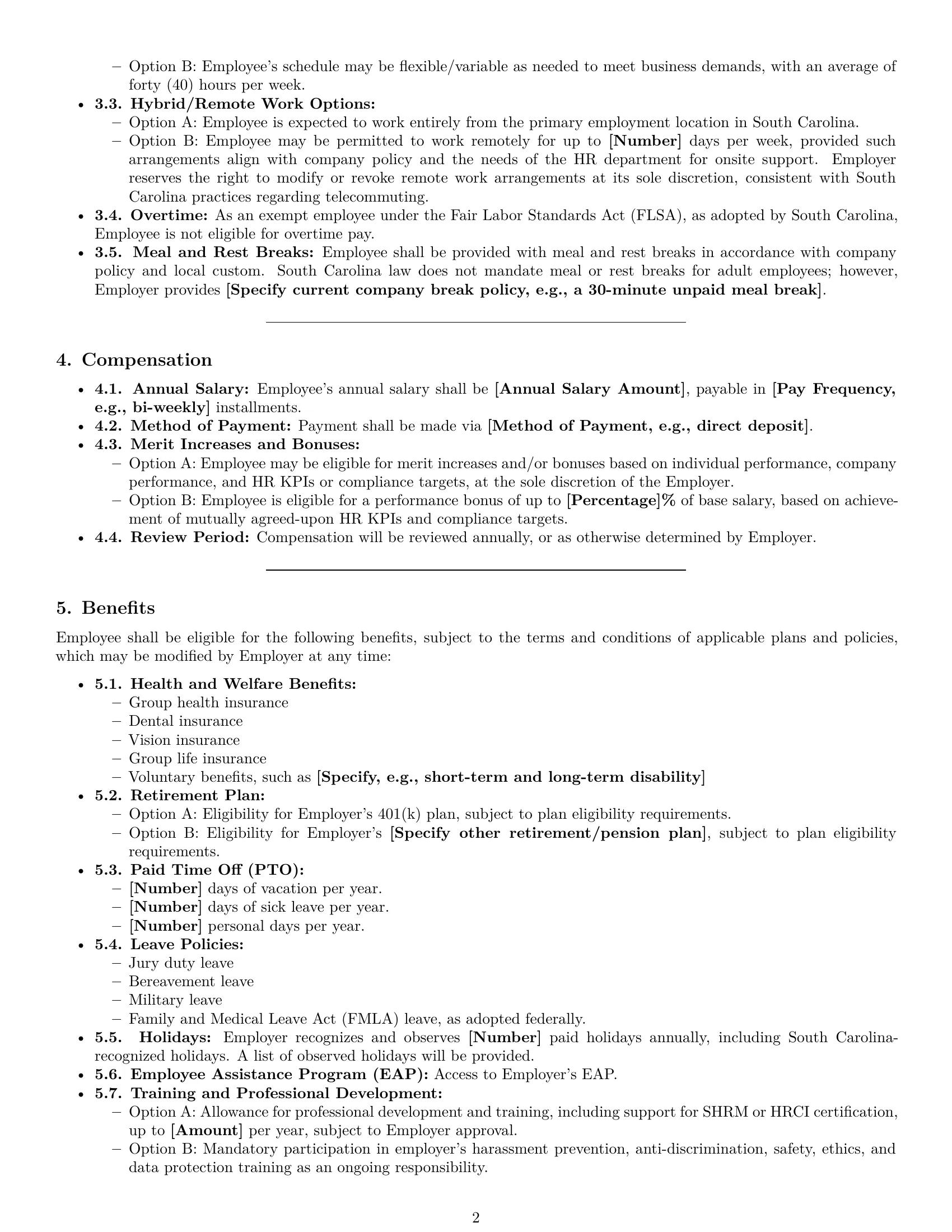 Preview page 2 of Pro South Carolina HR generalist employment contract template