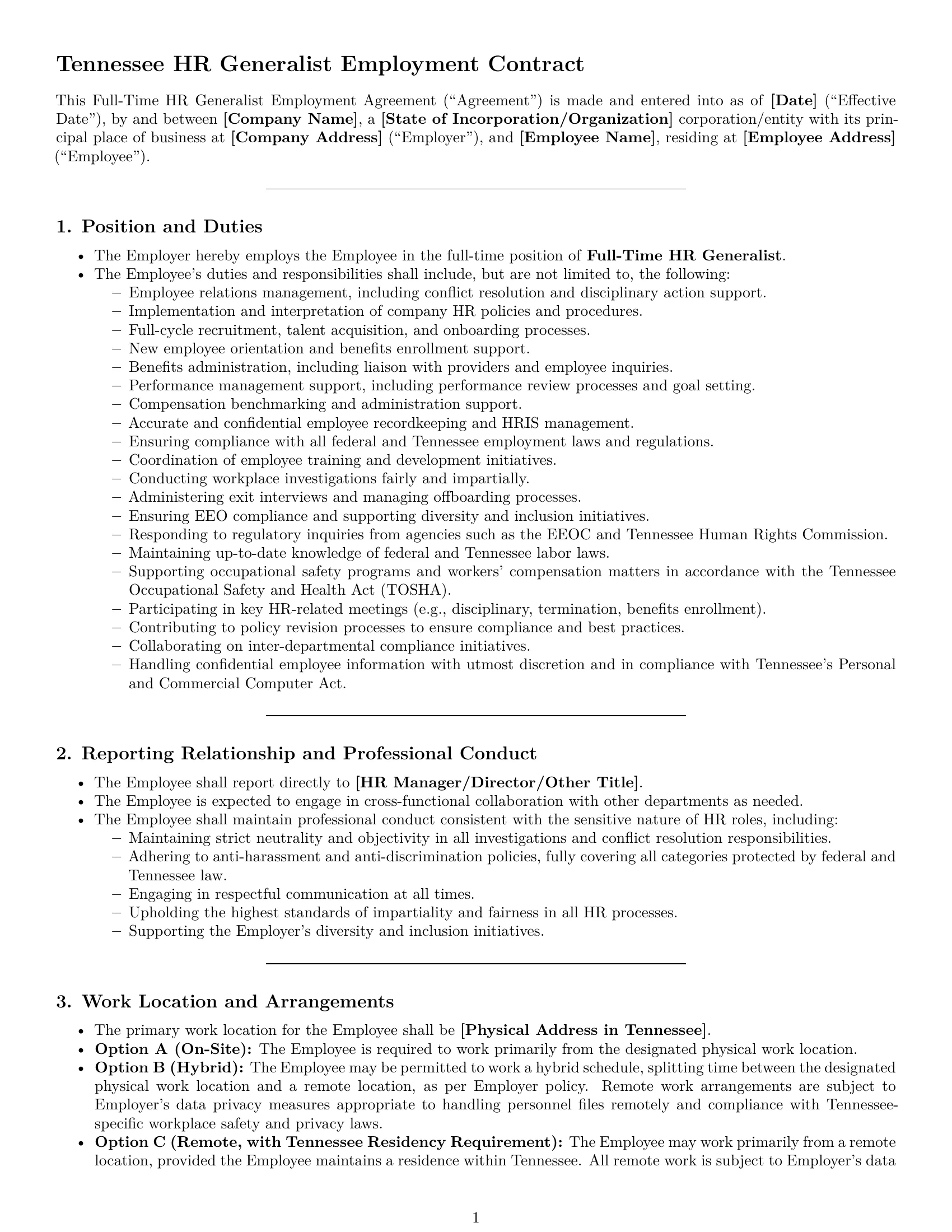 Preview page 1 of Pro Tennessee HR generalist employment contract template