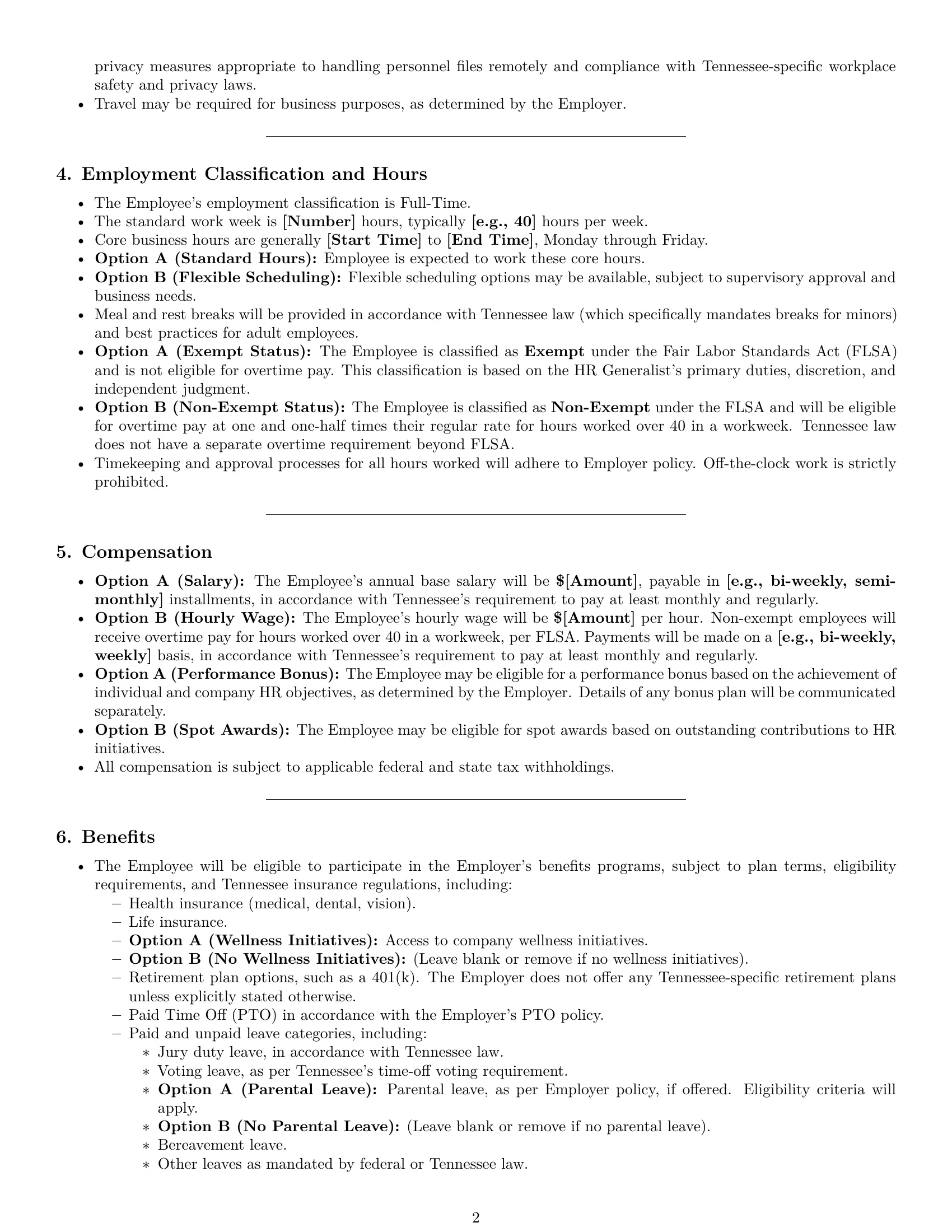 Preview page 2 of Pro Tennessee HR generalist employment contract template