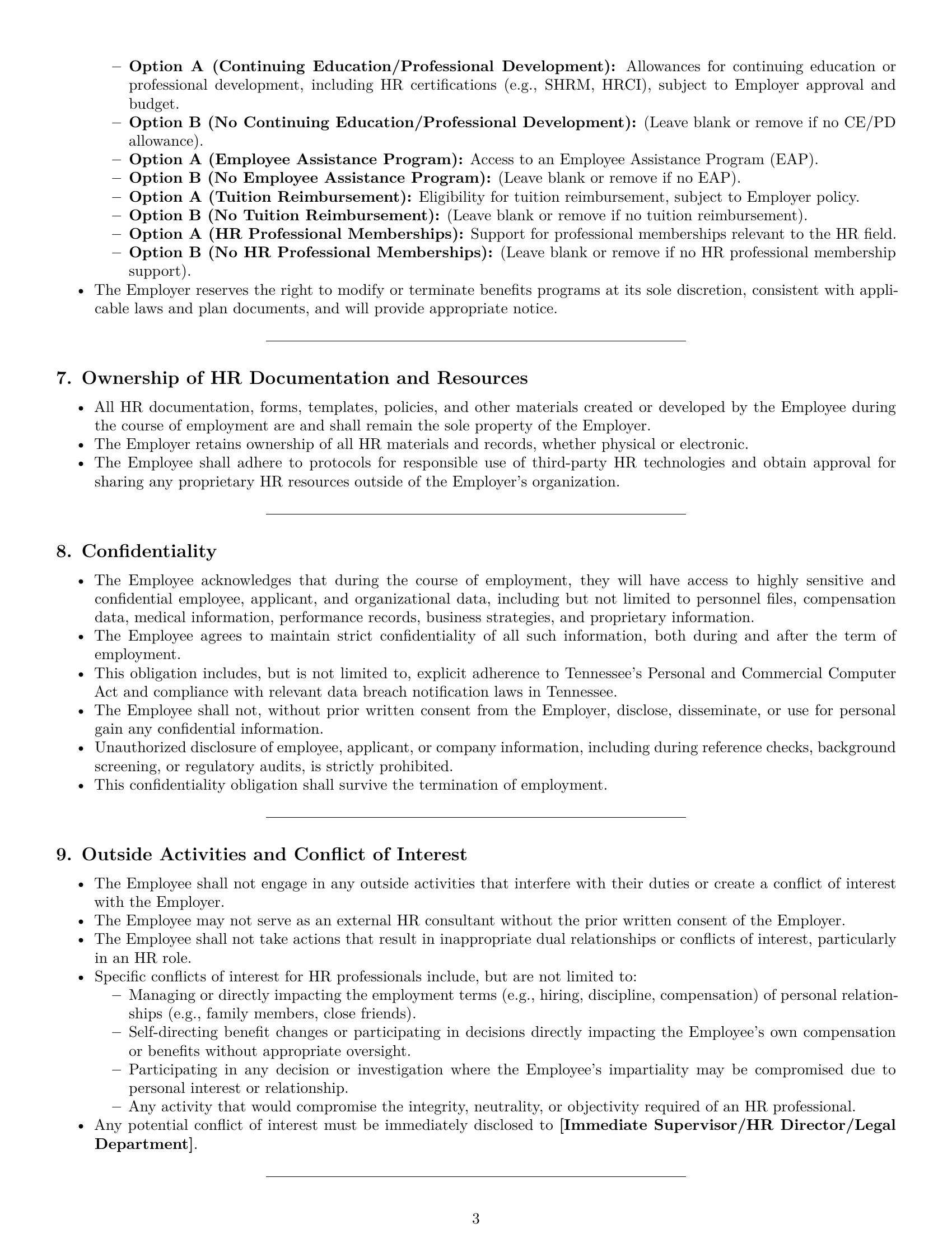 Preview page 3 of Pro Tennessee HR generalist employment contract template