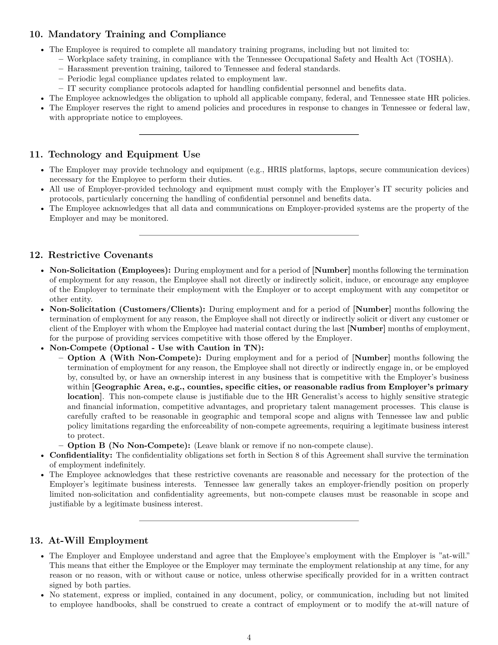 Preview page 4 of Pro Tennessee HR generalist employment contract template