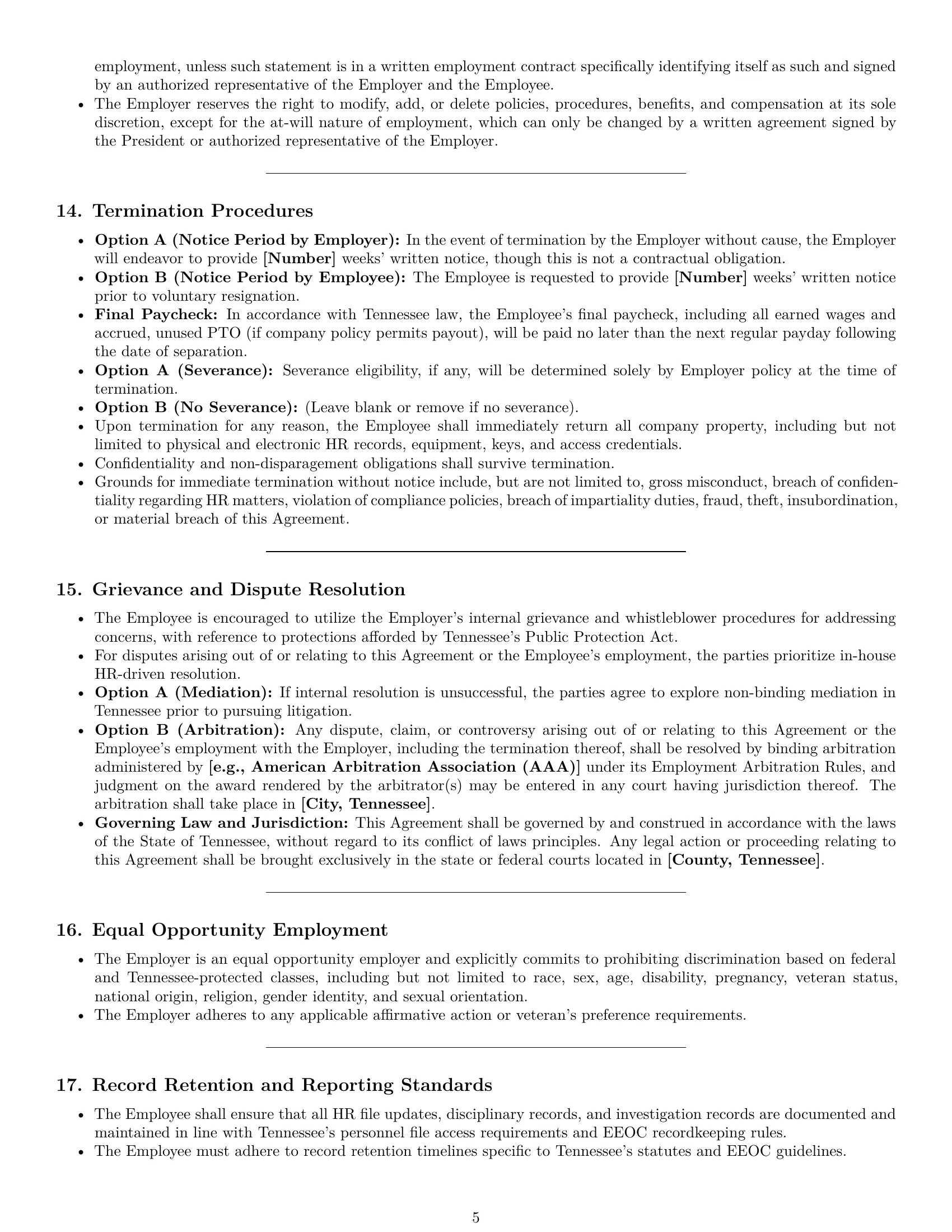 Preview page 5 of Pro Tennessee HR generalist employment contract template
