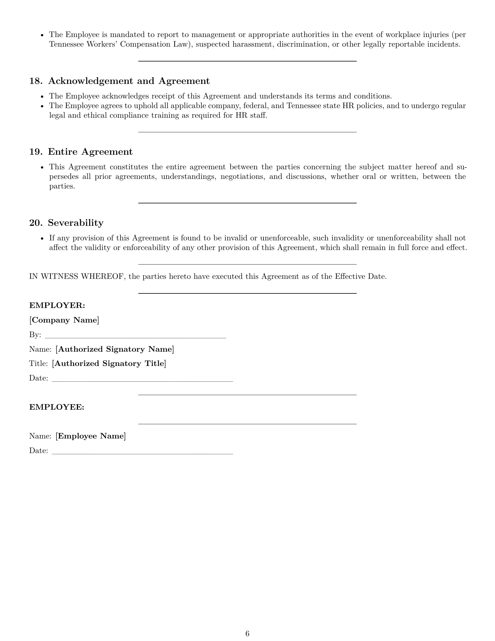 Preview page 6 of Pro Tennessee HR generalist employment contract template