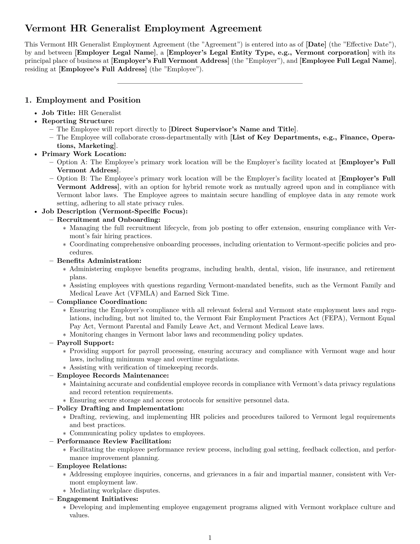 Preview page 1 of Pro Vermont HR generalist employment contract template