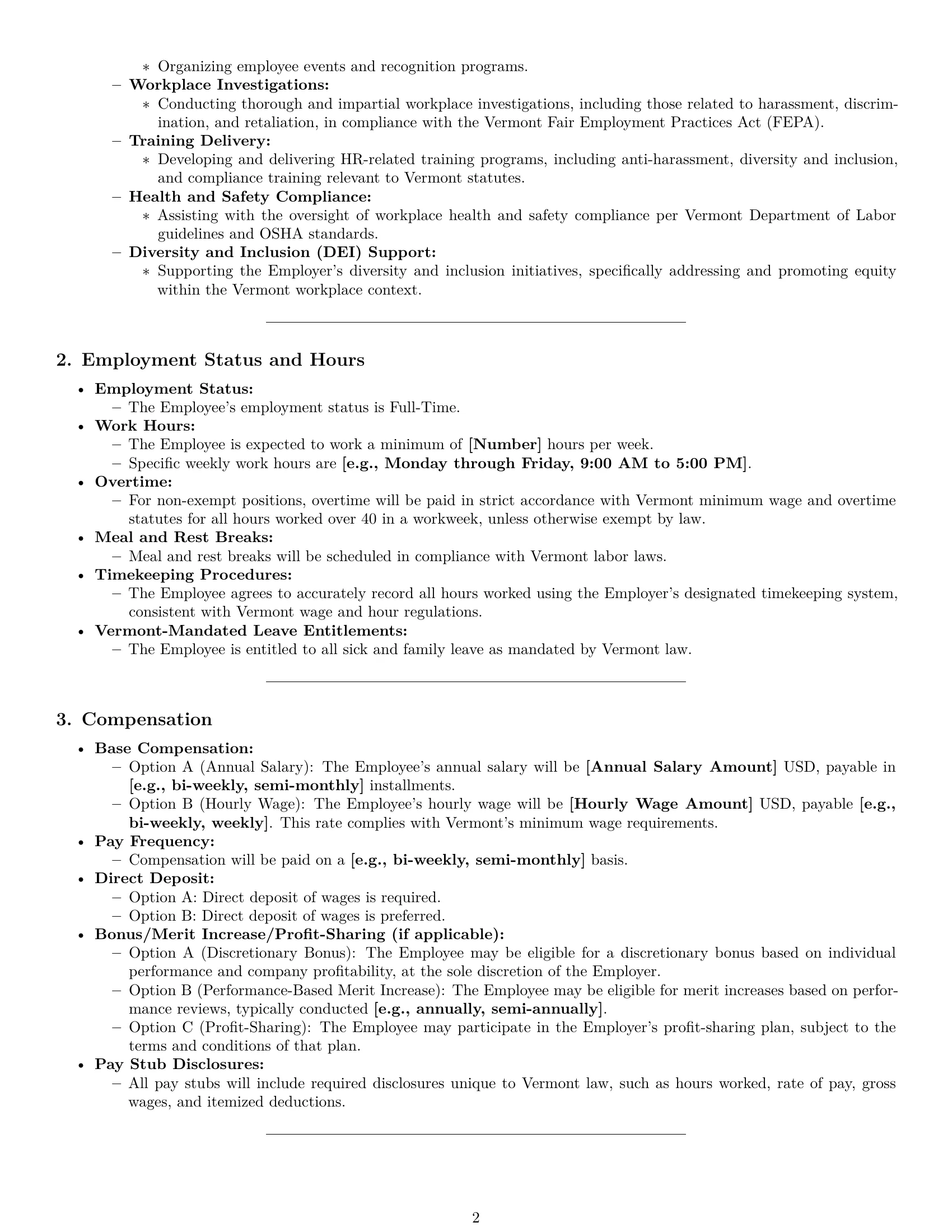 Preview page 2 of Pro Vermont HR generalist employment contract template