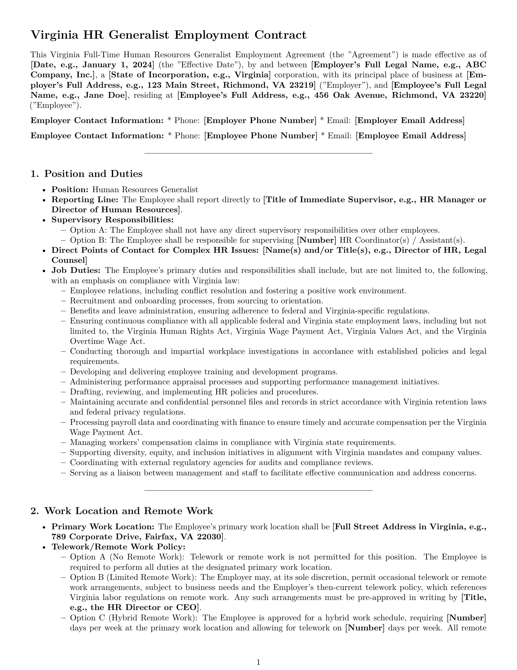 Preview page 1 of Pro Virginia HR generalist employment contract template