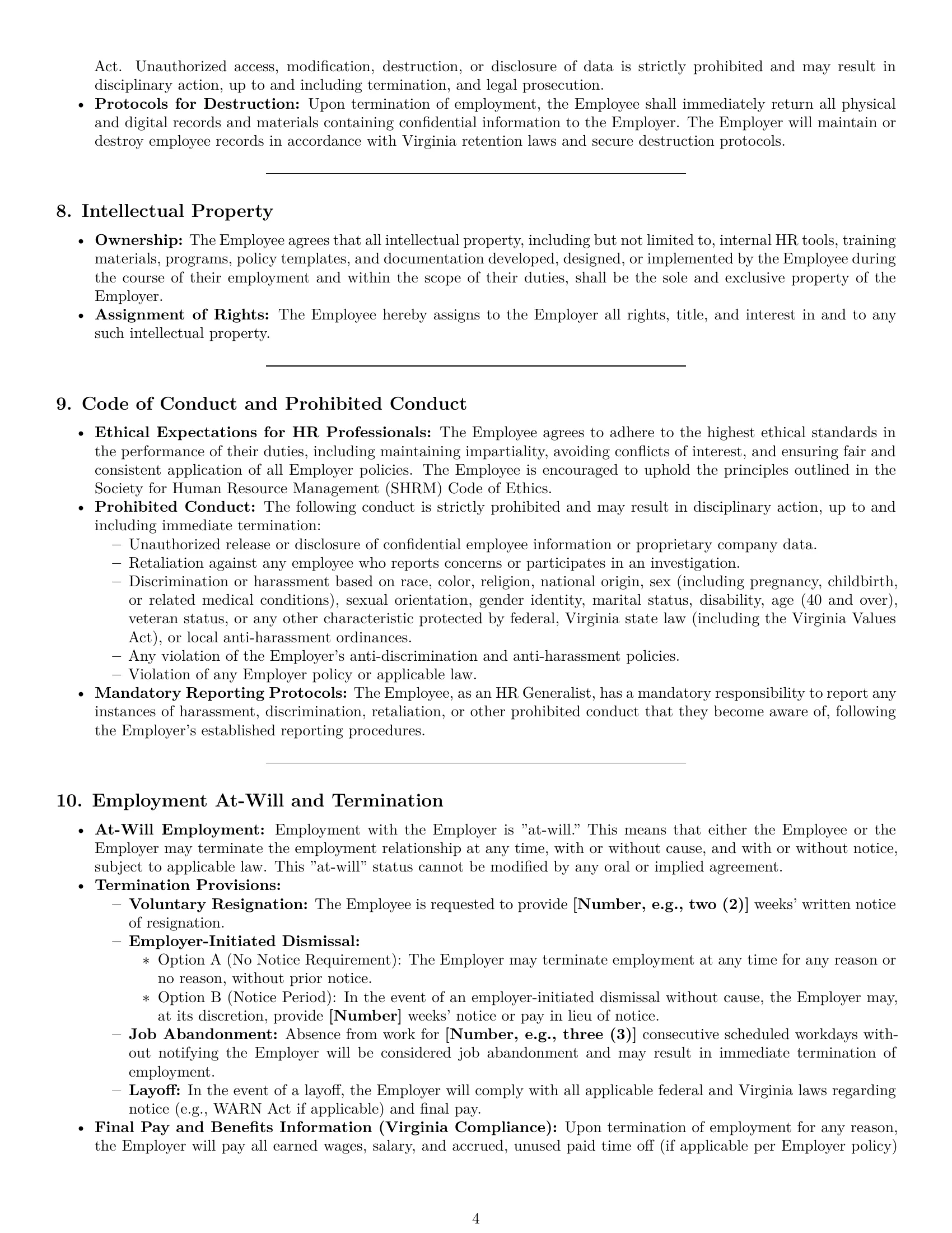 Preview page 4 of Pro Virginia HR generalist employment contract template