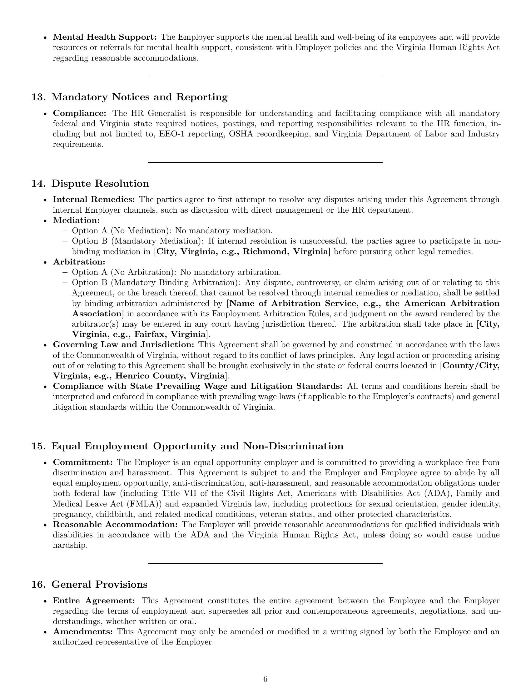 Preview page 6 of Pro Virginia HR generalist employment contract template