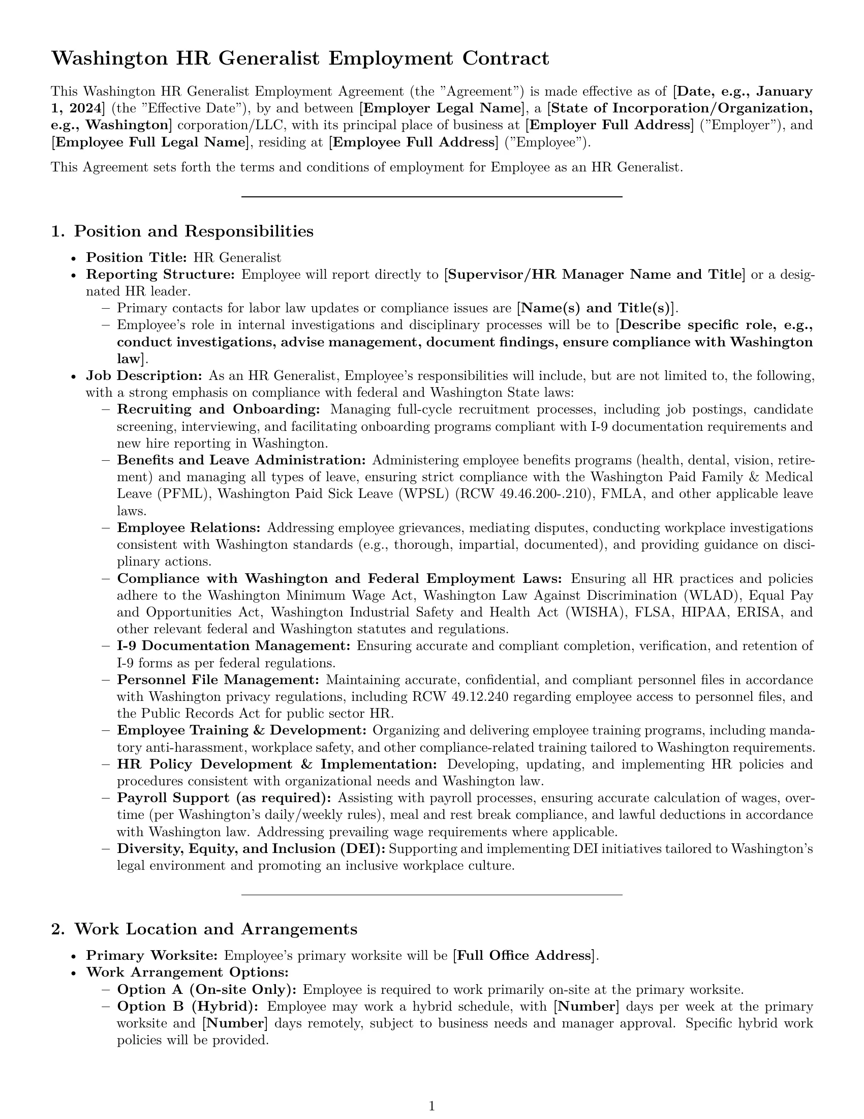 Preview page 1 of Pro Washington HR generalist employment contract template