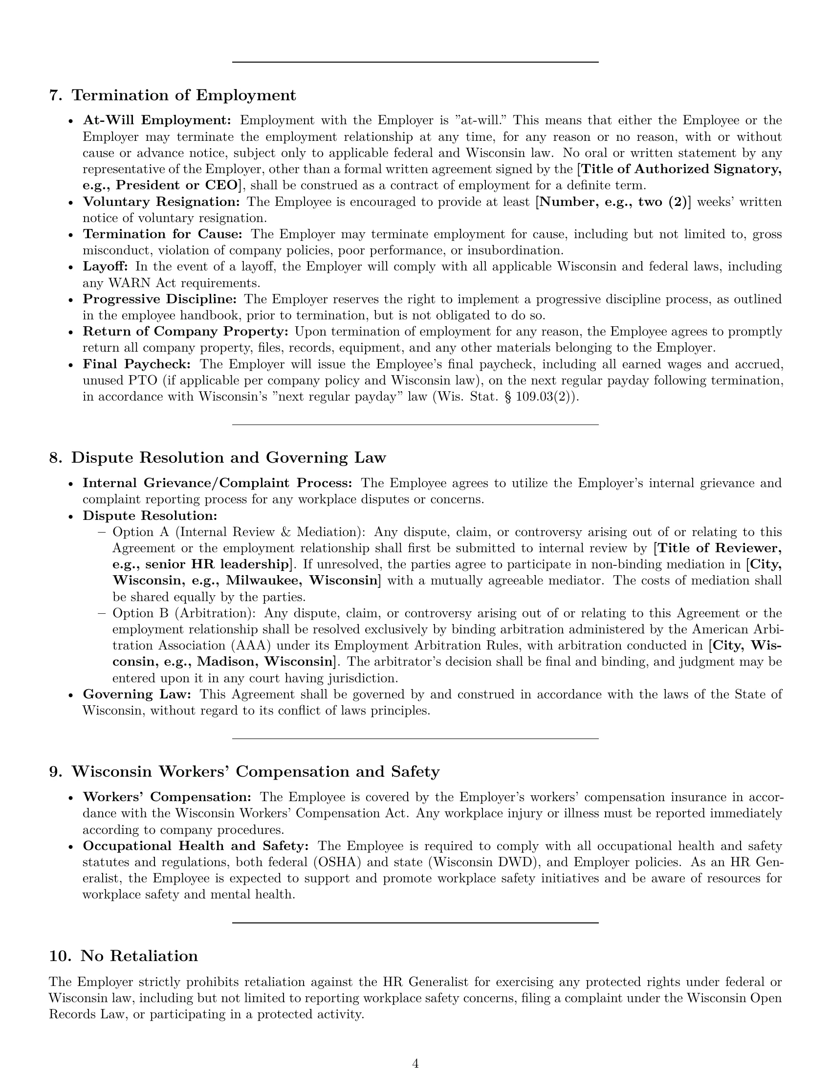 Preview page 4 of Pro Wisconsin HR generalist employment contract template