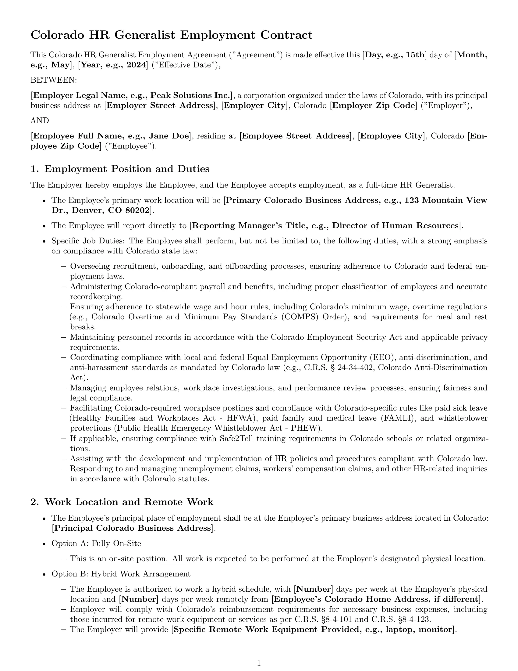 Preview page 1 of Pro Colorado HR generalist employment contract template