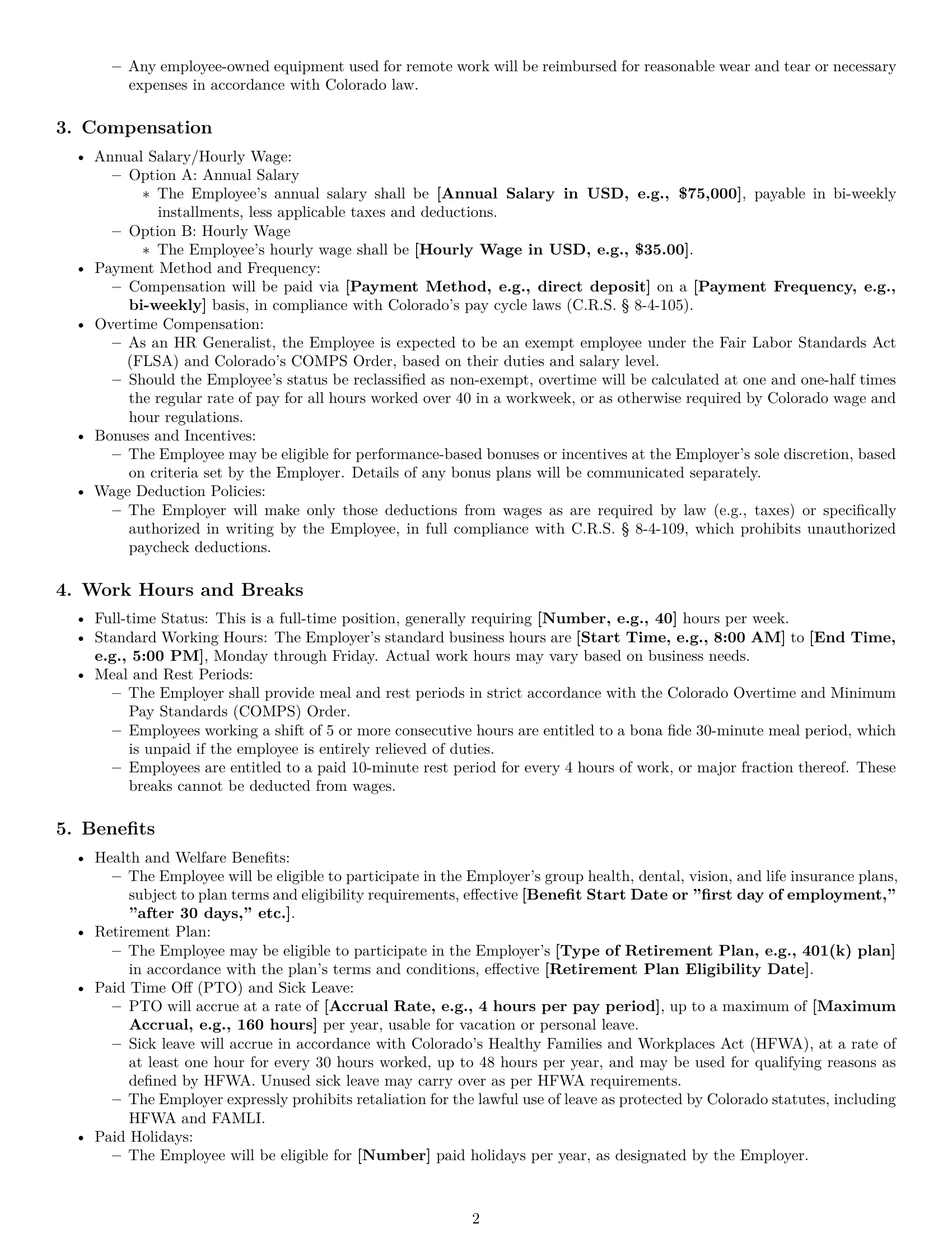 Preview page 2 of Pro Colorado HR generalist employment contract template