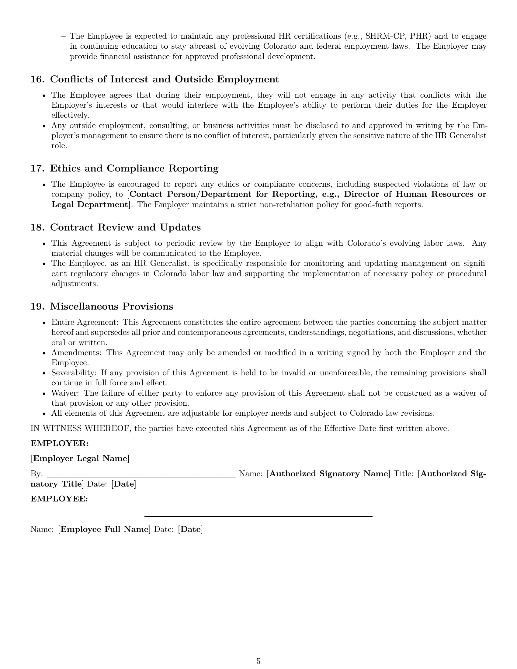 Preview page 5 of Pro Colorado HR generalist employment contract template