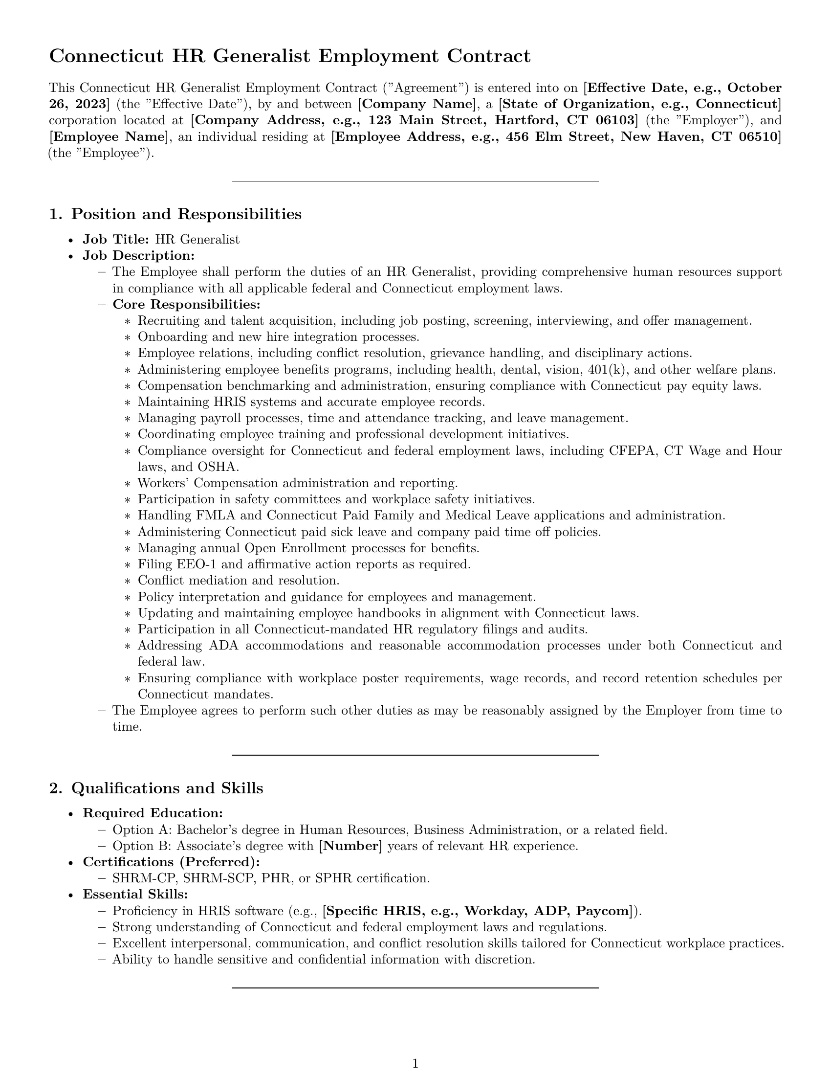 Preview page 1 of Pro Connecticut HR generalist employment contract template