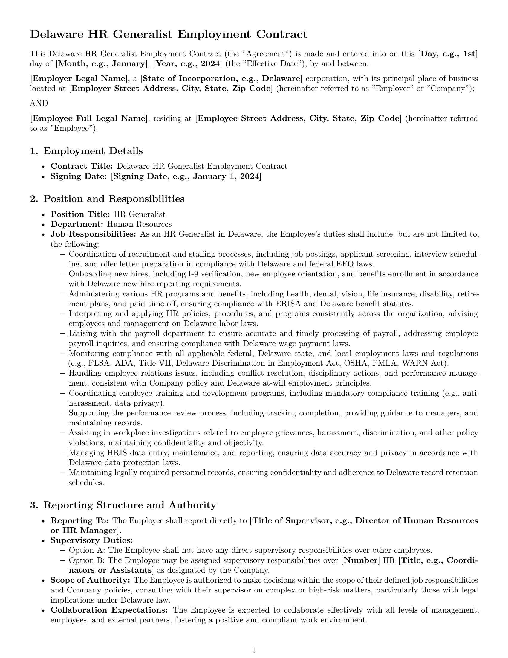Preview page 1 of Pro Delaware HR generalist employment contract template