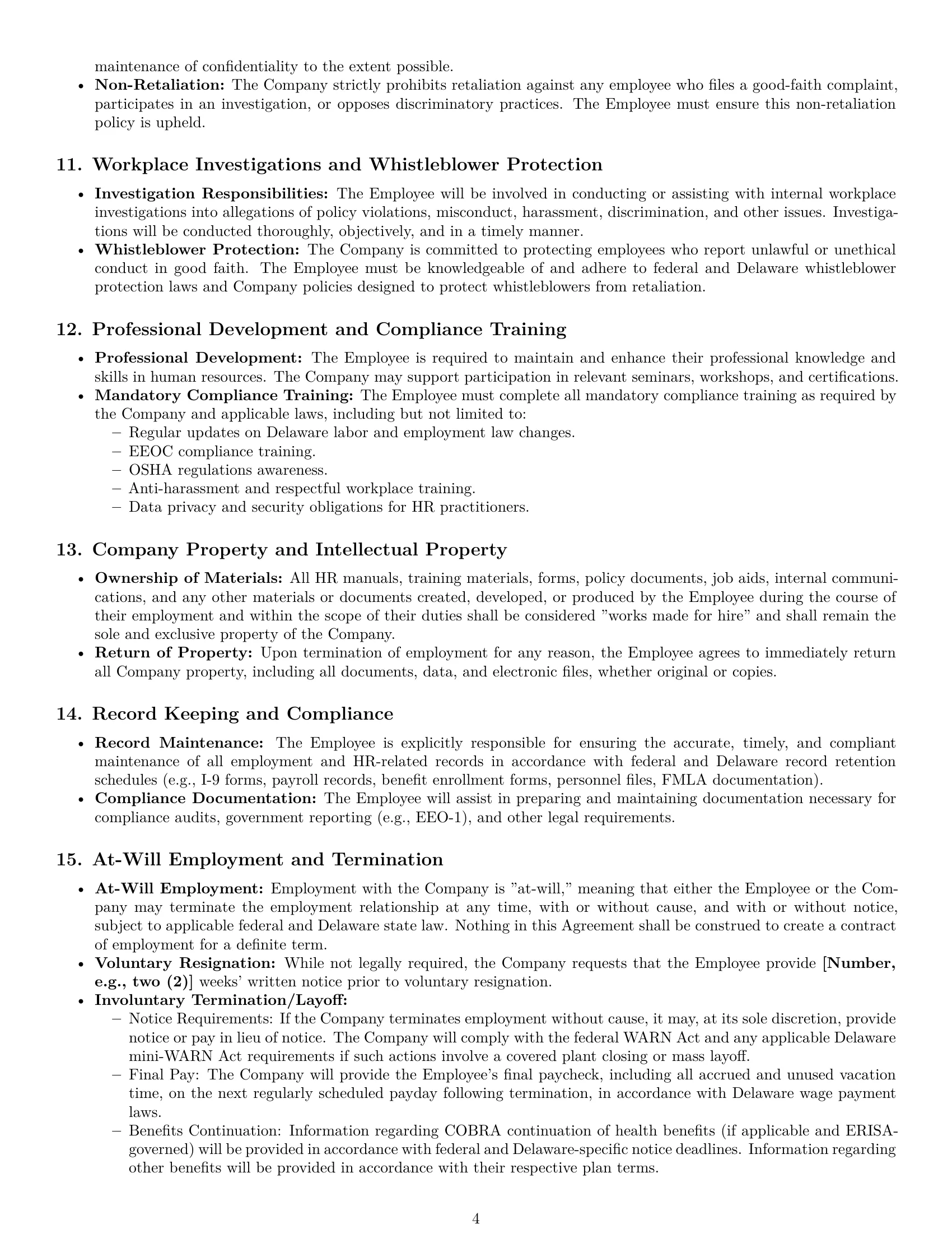 Preview page 4 of Pro Delaware HR generalist employment contract template
