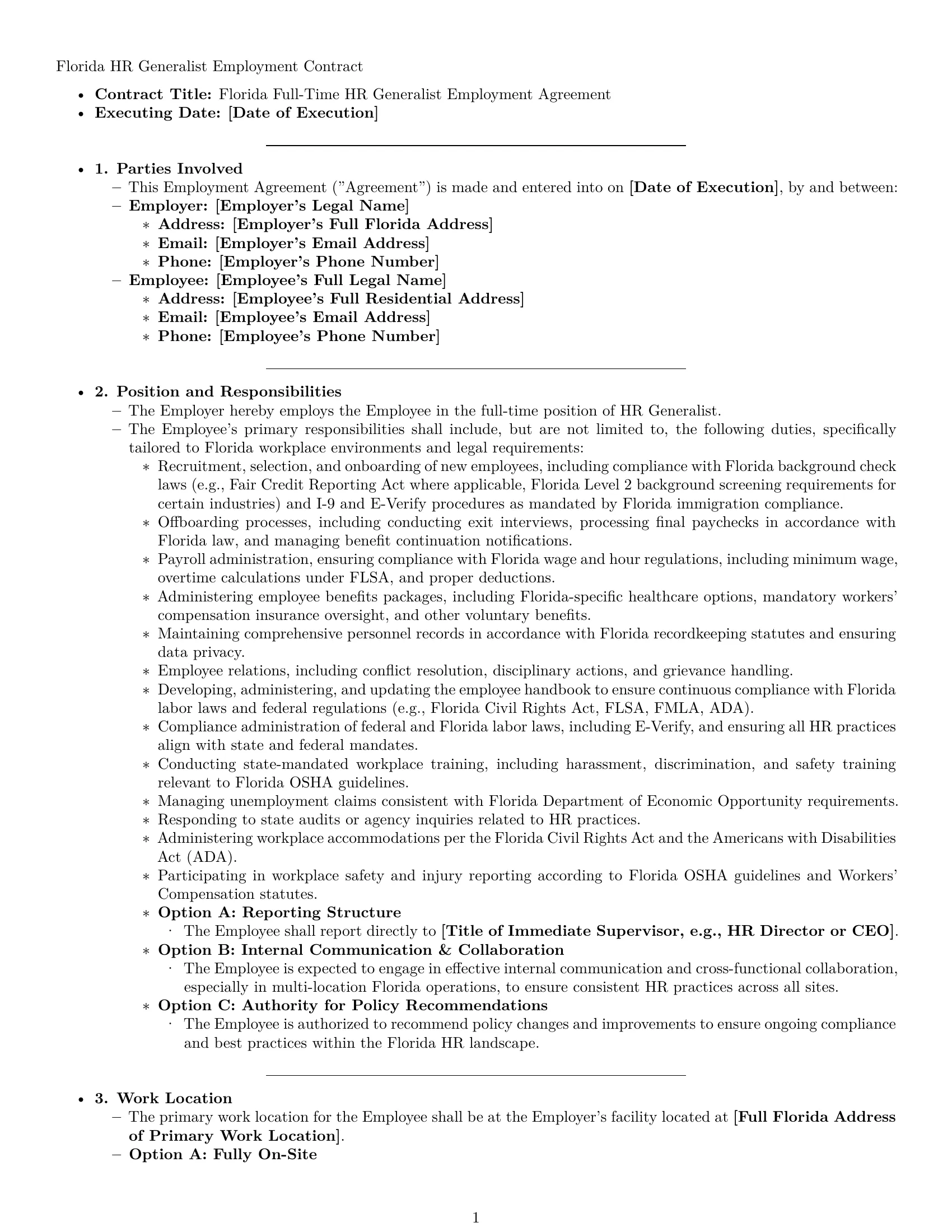 Preview page 1 of Pro Florida HR generalist employment contract template