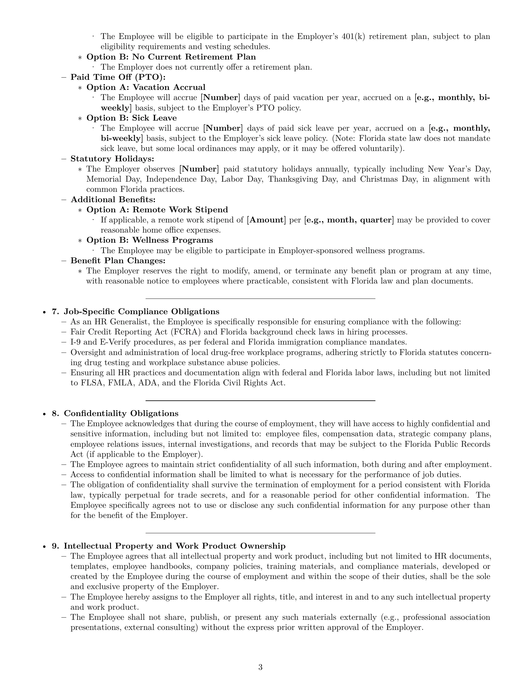 Preview page 3 of Pro Florida HR generalist employment contract template
