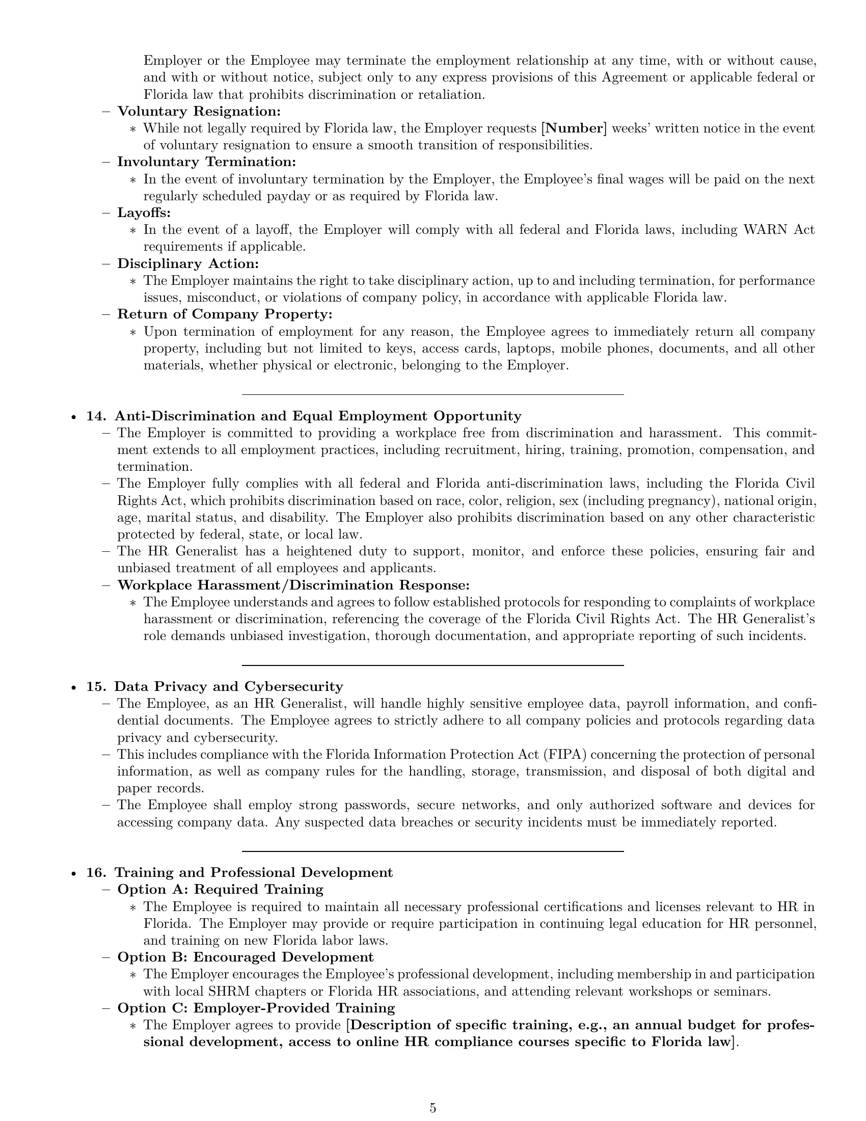 Preview page 5 of Pro Florida HR generalist employment contract template