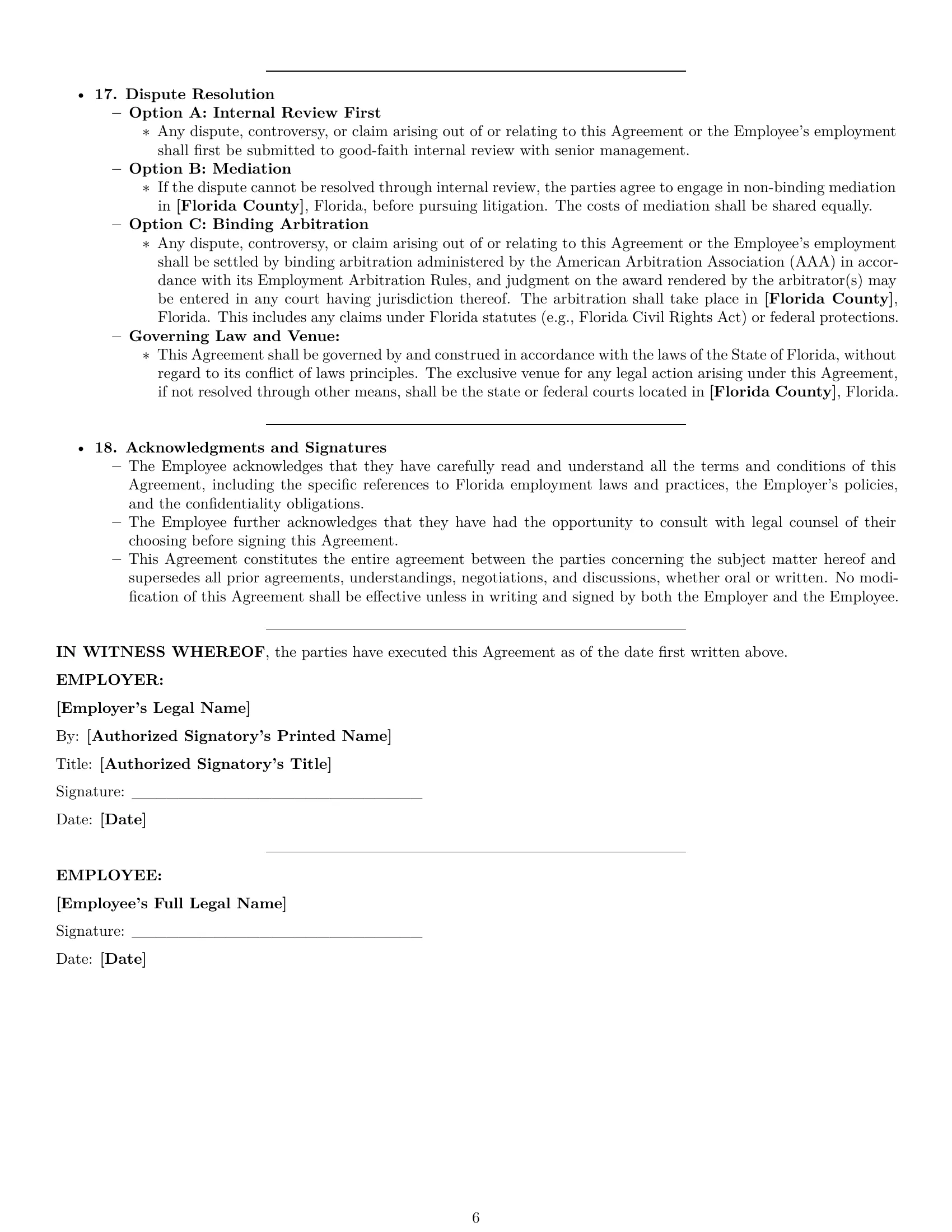 Preview page 6 of Pro Florida HR generalist employment contract template