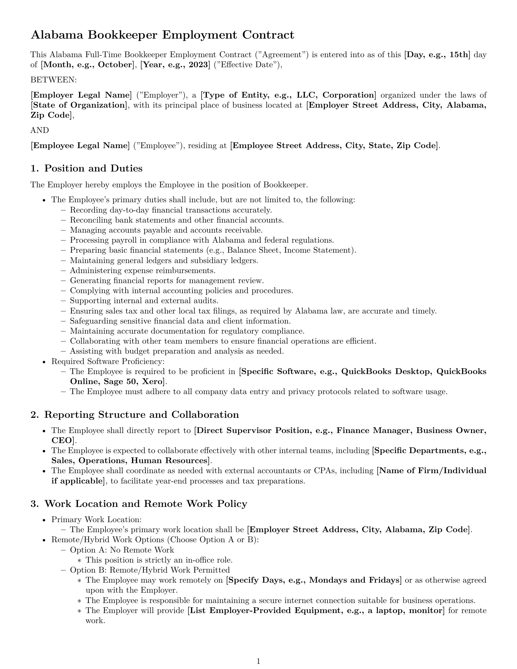 Preview page 1 of Pro Alabama bookkeeper employment contract template