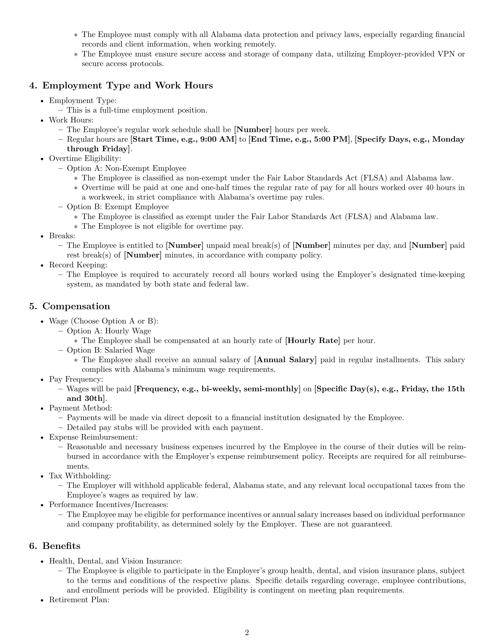 Preview page 2 of Pro Alabama bookkeeper employment contract template