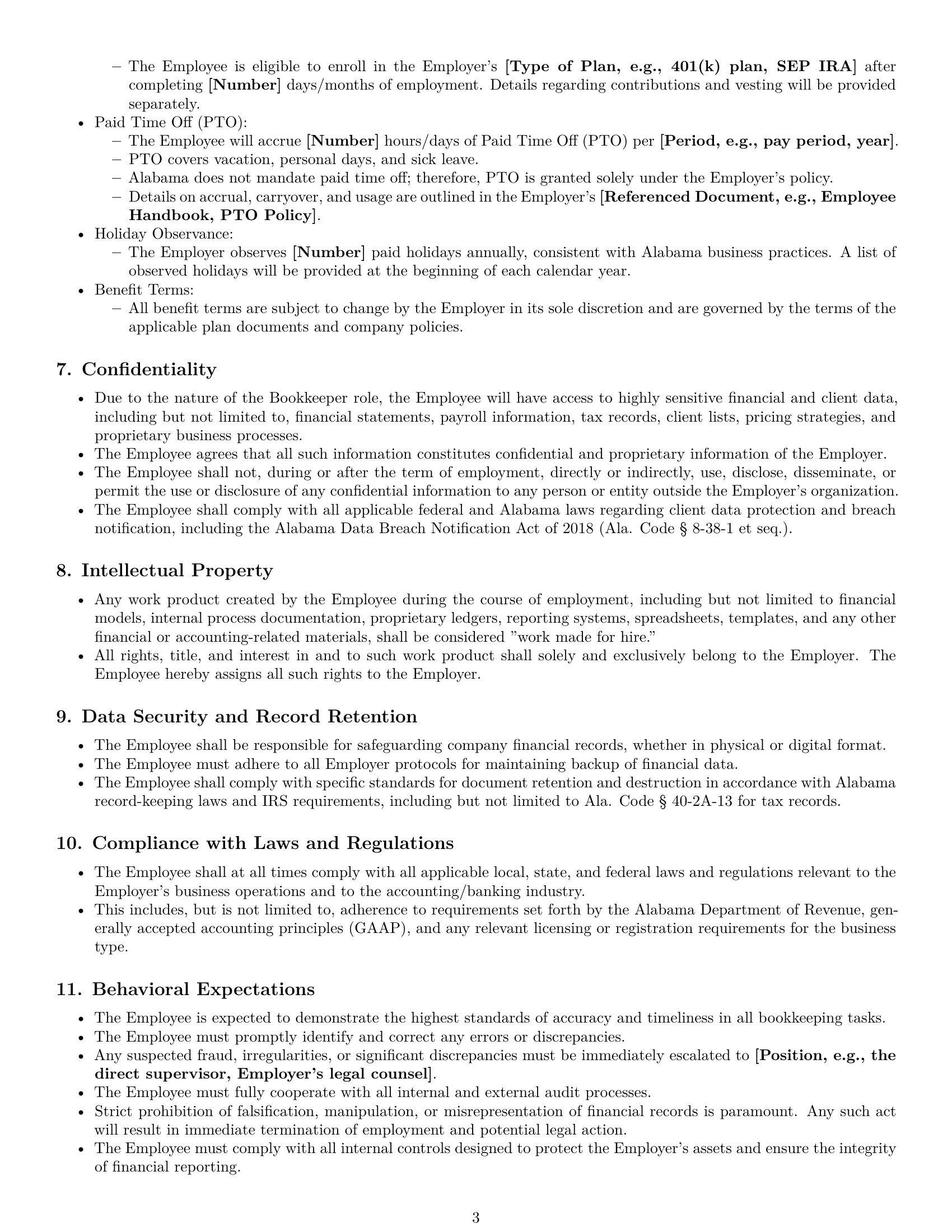 Preview page 3 of Pro Alabama bookkeeper employment contract template