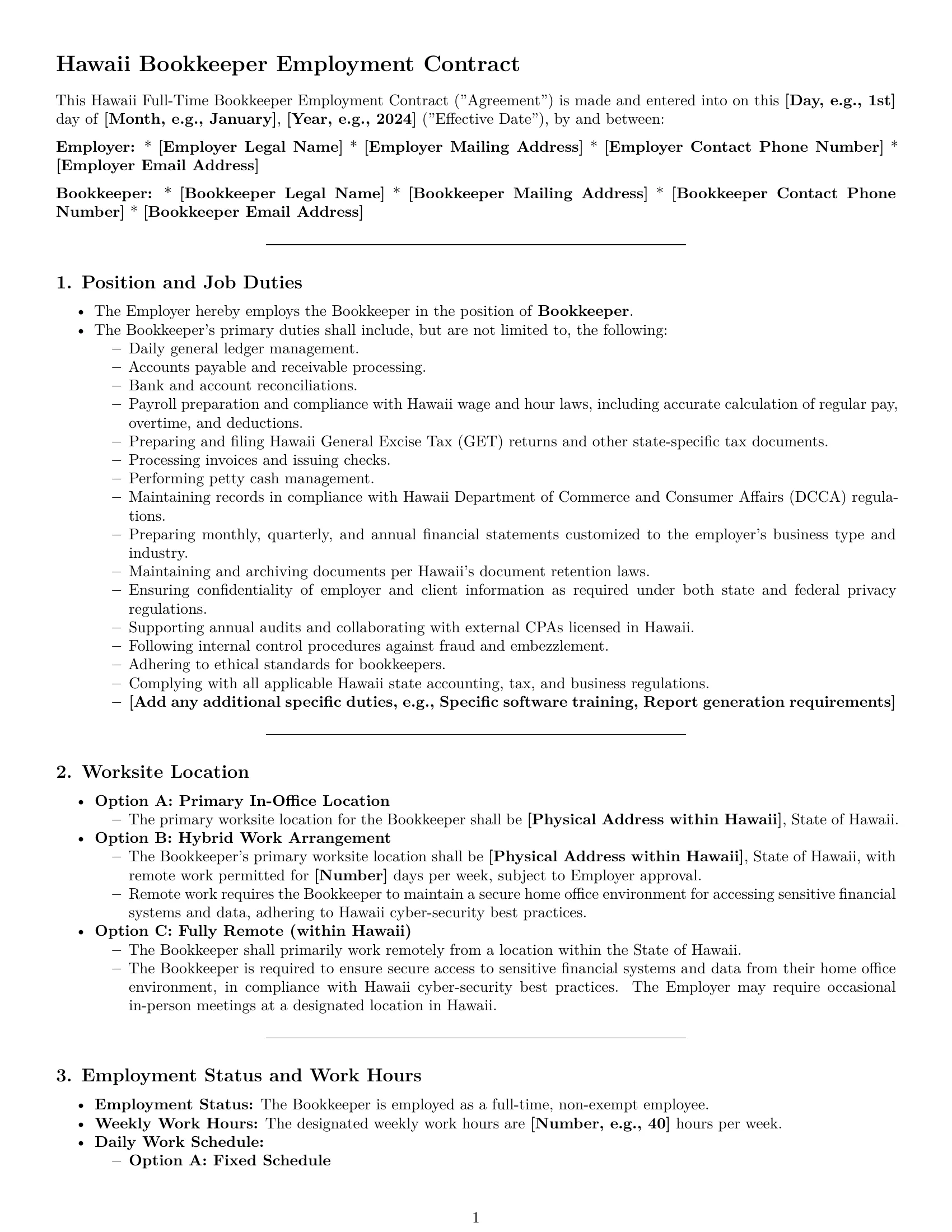 Preview page 1 of Pro Hawaii bookkeeper employment contract template