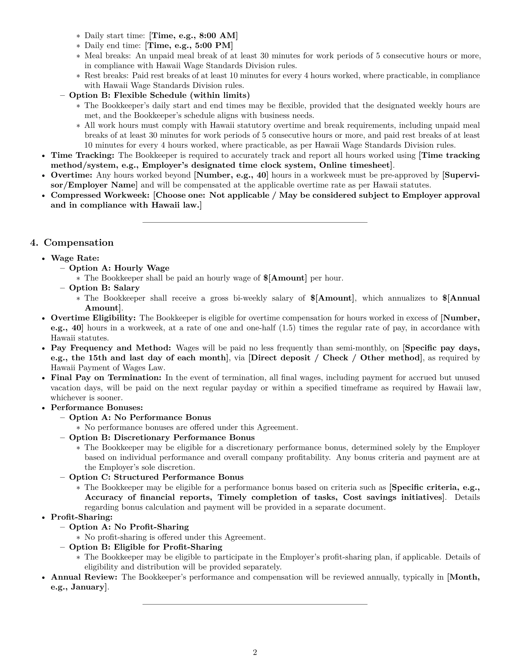 Preview page 2 of Pro Hawaii bookkeeper employment contract template