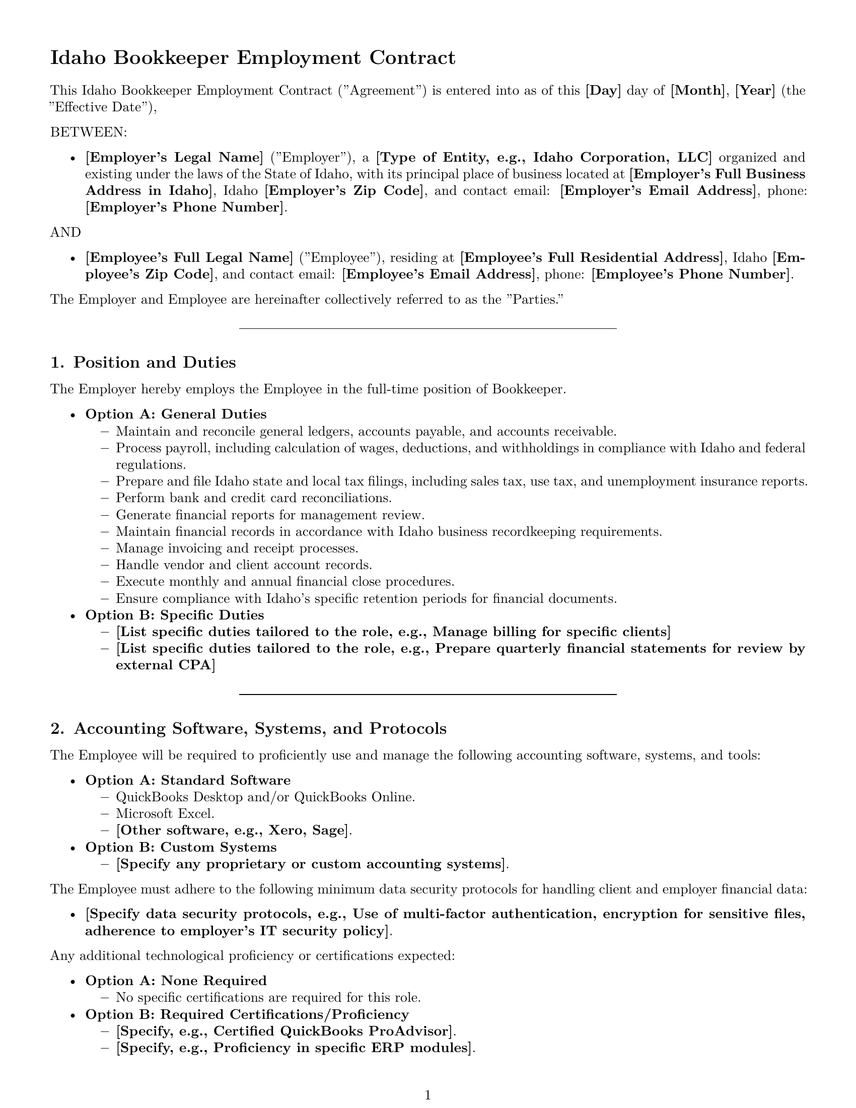 Preview page 1 of Pro Idaho bookkeeper employment contract template