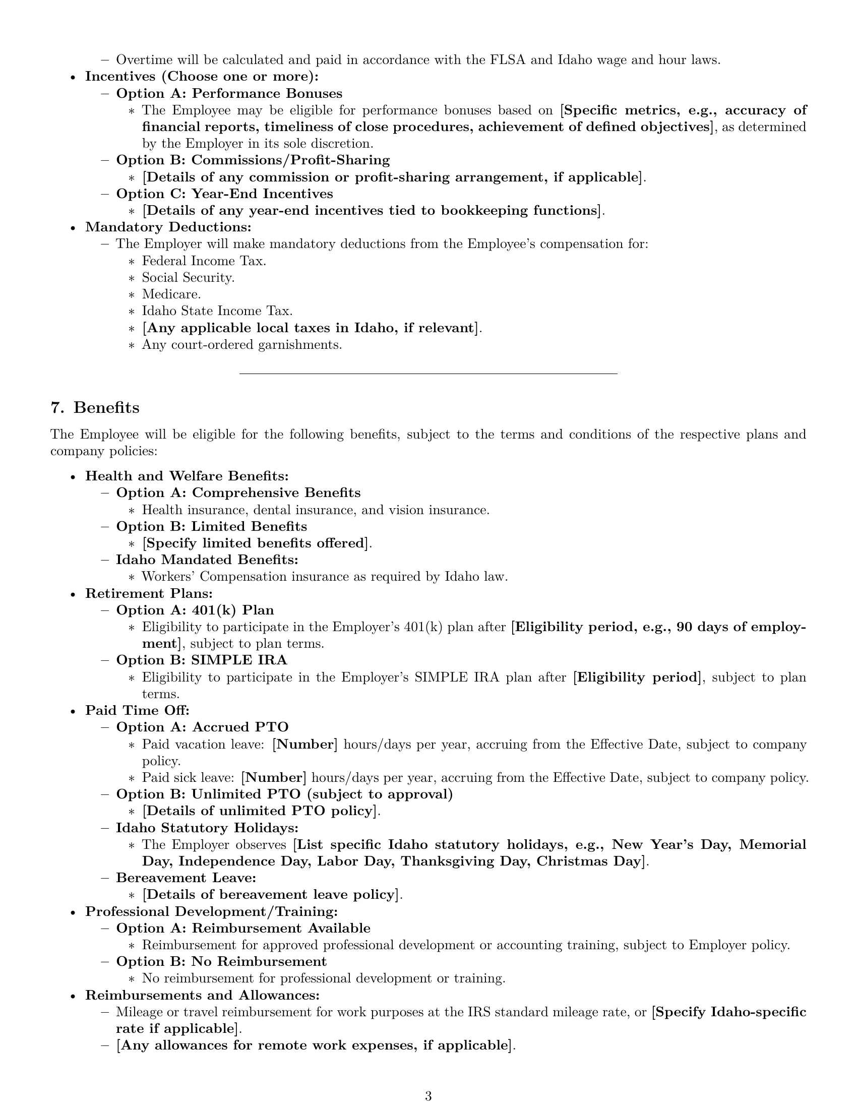Preview page 3 of Pro Idaho bookkeeper employment contract template