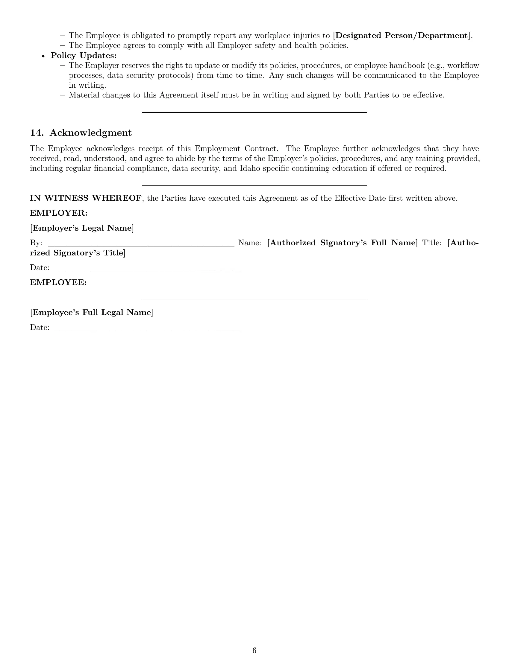 Preview page 6 of Pro Idaho bookkeeper employment contract template