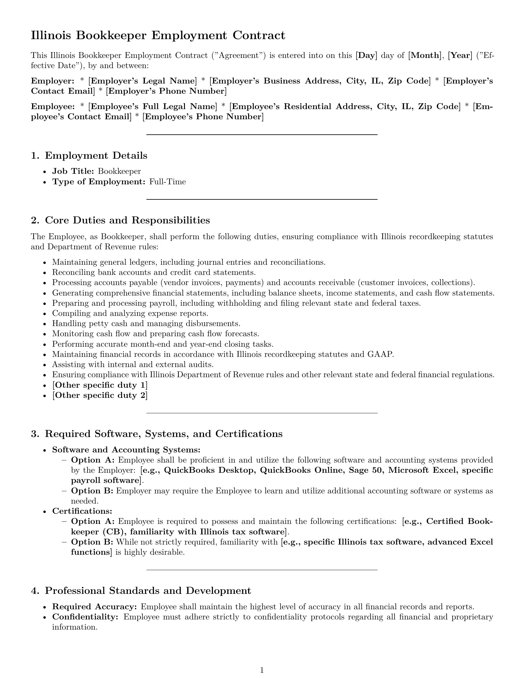 Preview page 1 of Pro Illinois bookkeeper employment contract template