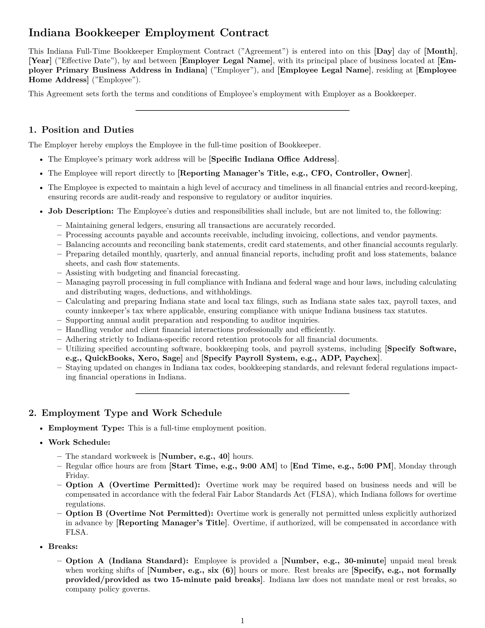 Preview page 1 of Pro Indiana bookkeeper employment contract template