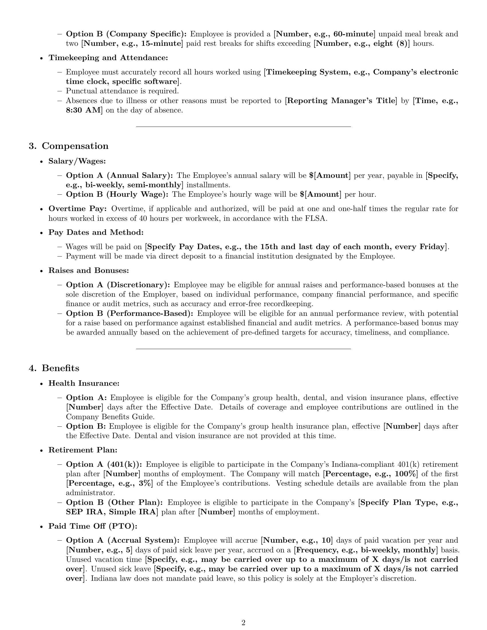 Preview page 2 of Pro Indiana bookkeeper employment contract template
