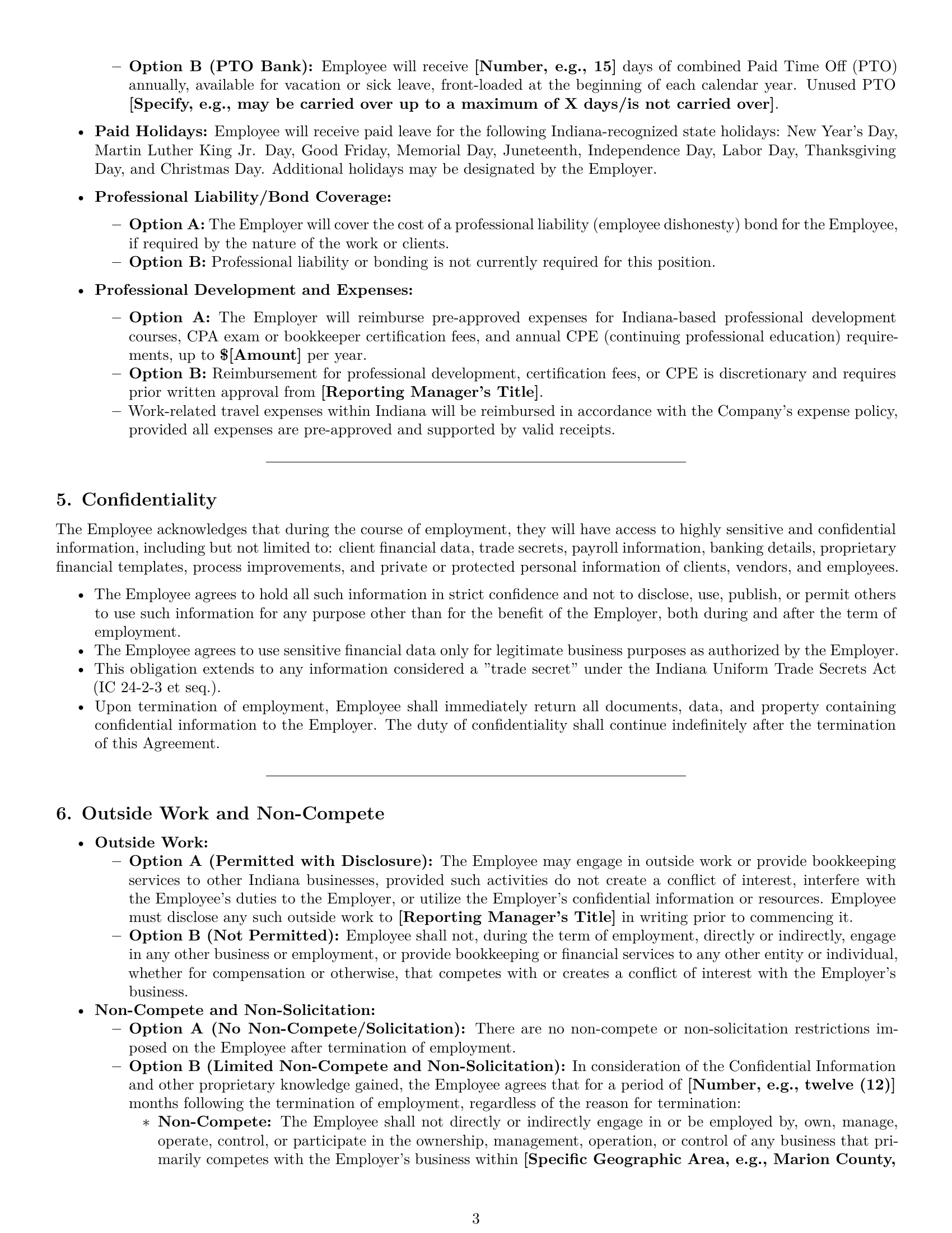Preview page 3 of Pro Indiana bookkeeper employment contract template