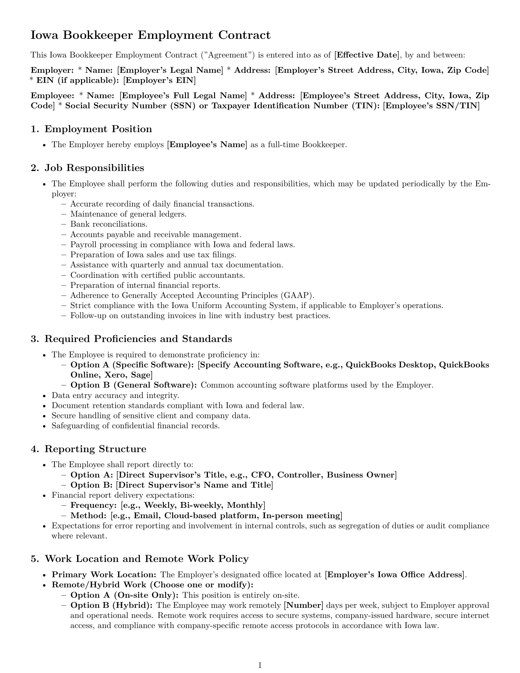 Preview page 1 of Pro Iowa bookkeeper employment contract template
