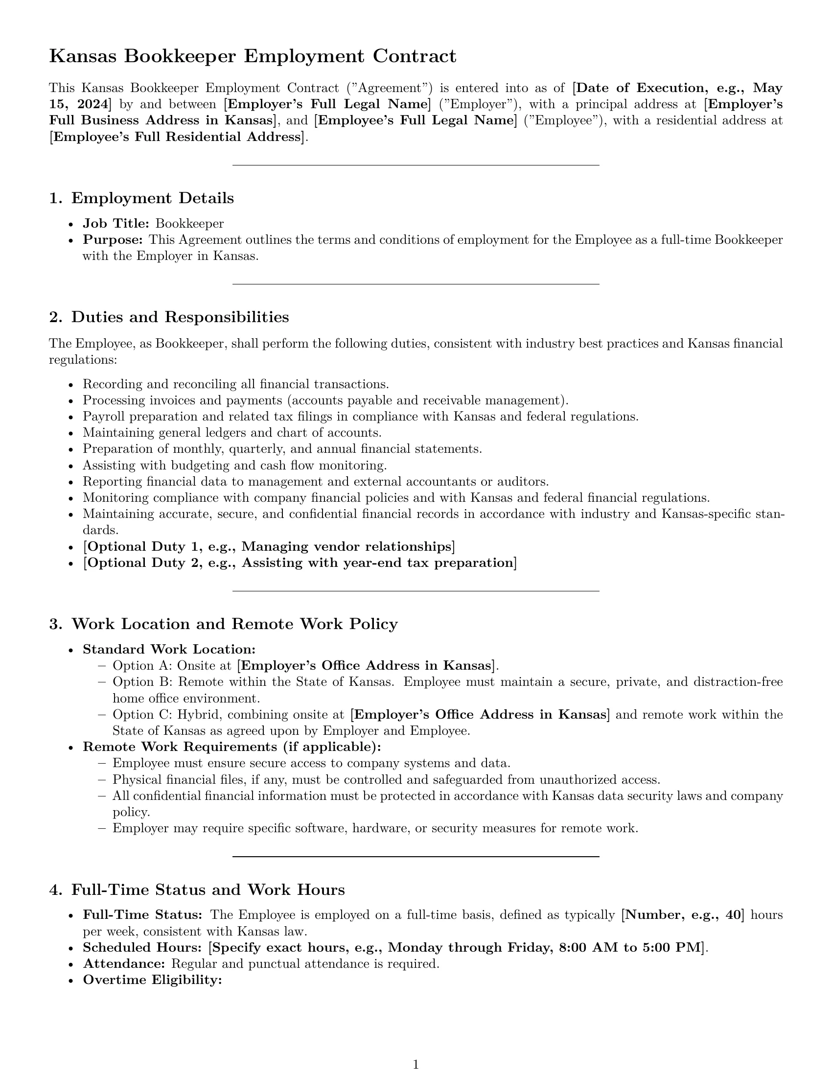 Preview page 1 of Pro Kansas bookkeeper employment contract template