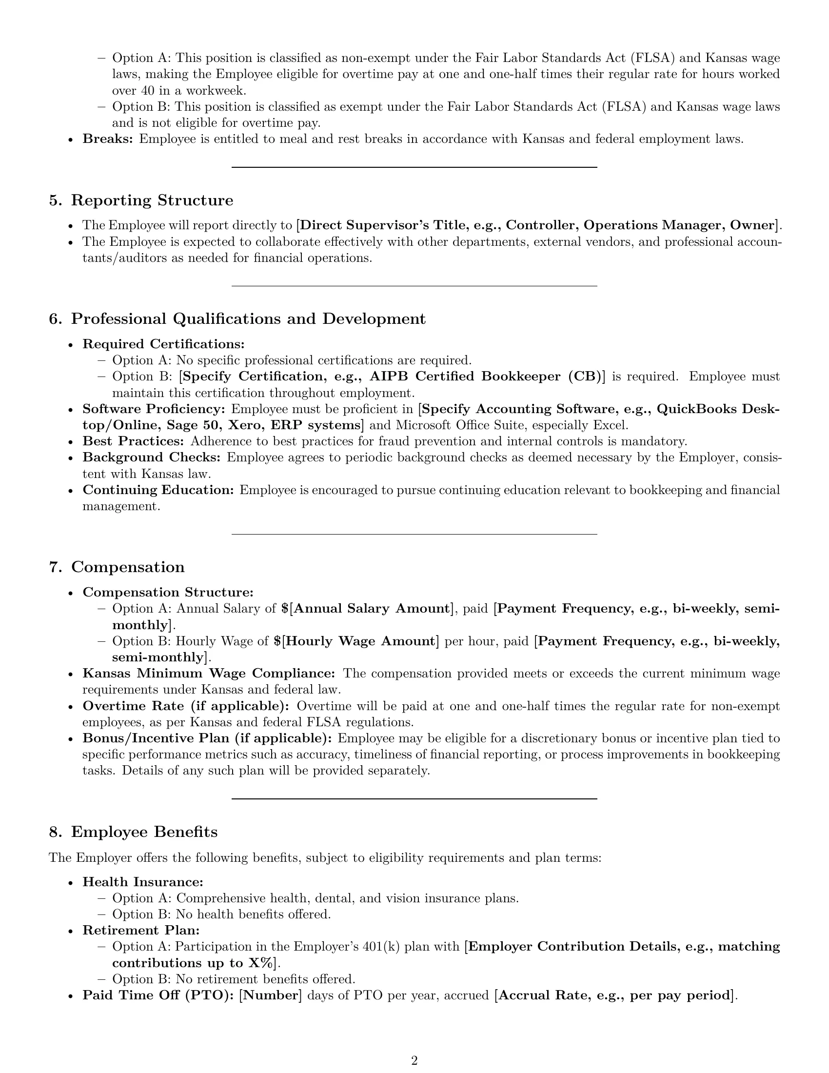 Preview page 2 of Pro Kansas bookkeeper employment contract template