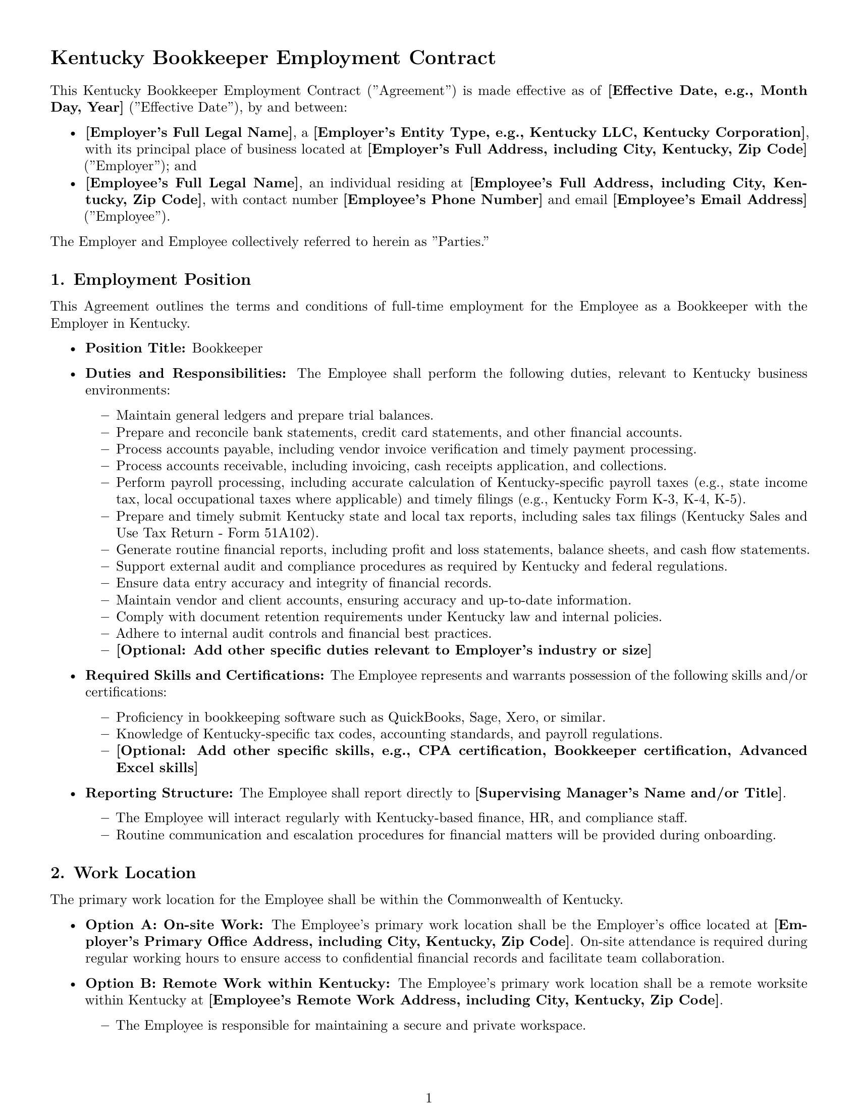 Preview page 1 of Pro Kentucky bookkeeper employment contract template
