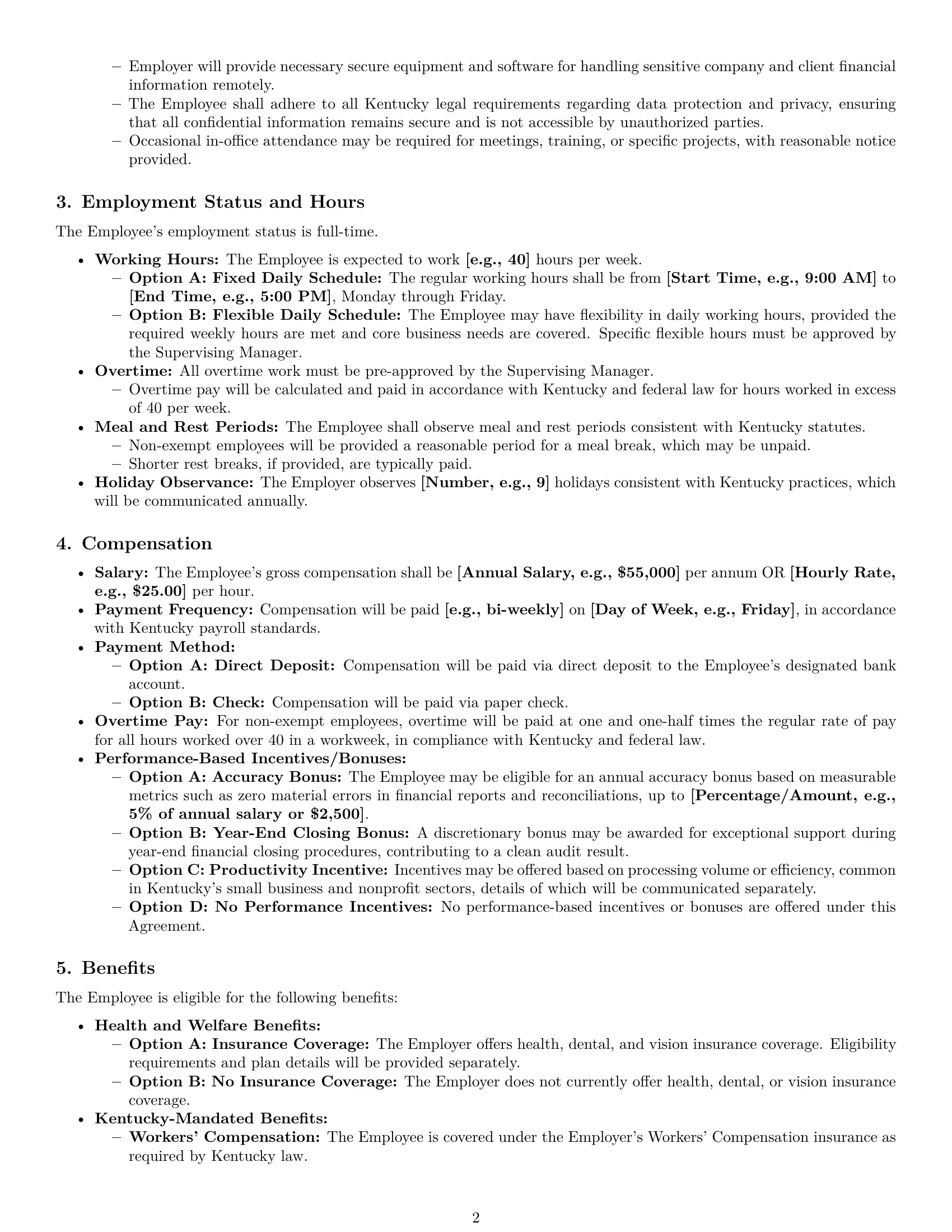 Preview page 2 of Pro Kentucky bookkeeper employment contract template