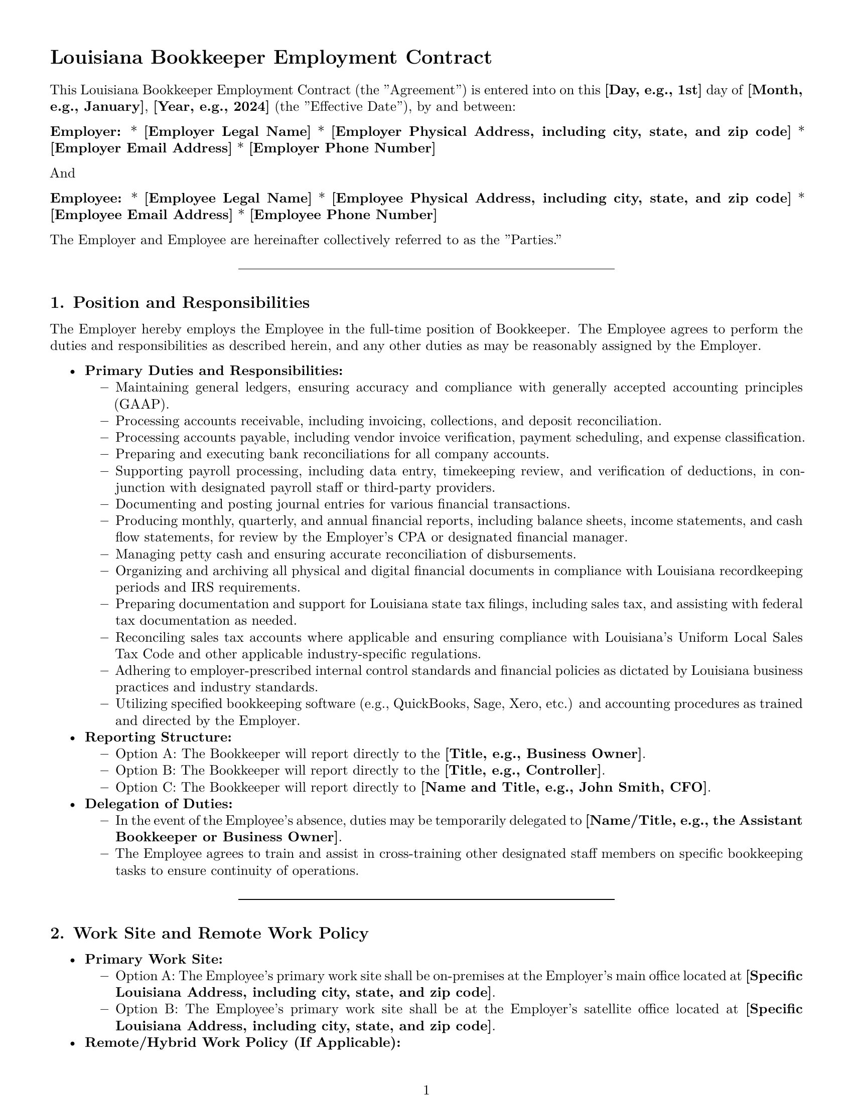 Preview page 1 of Pro Louisiana bookkeeper employment contract template