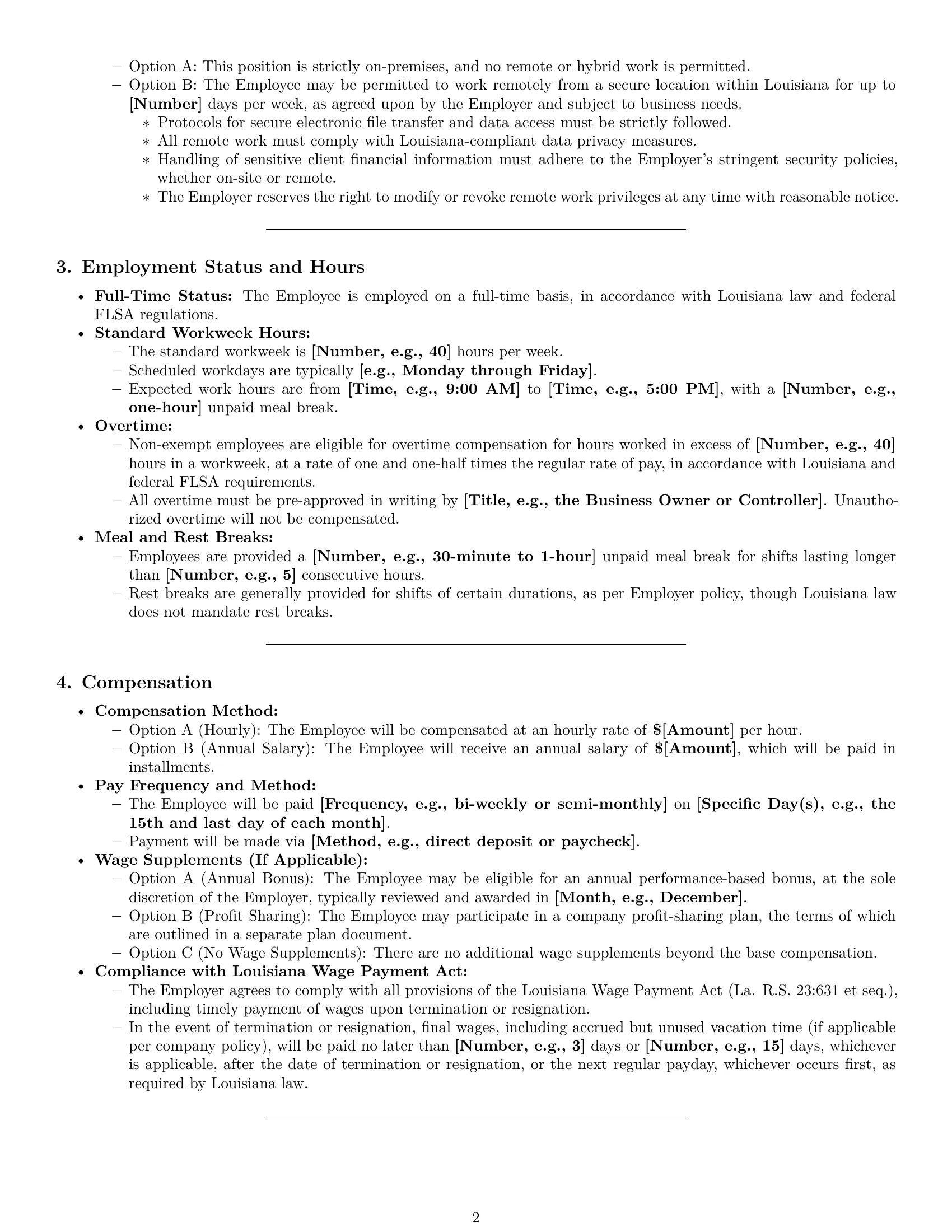 Preview page 2 of Pro Louisiana bookkeeper employment contract template