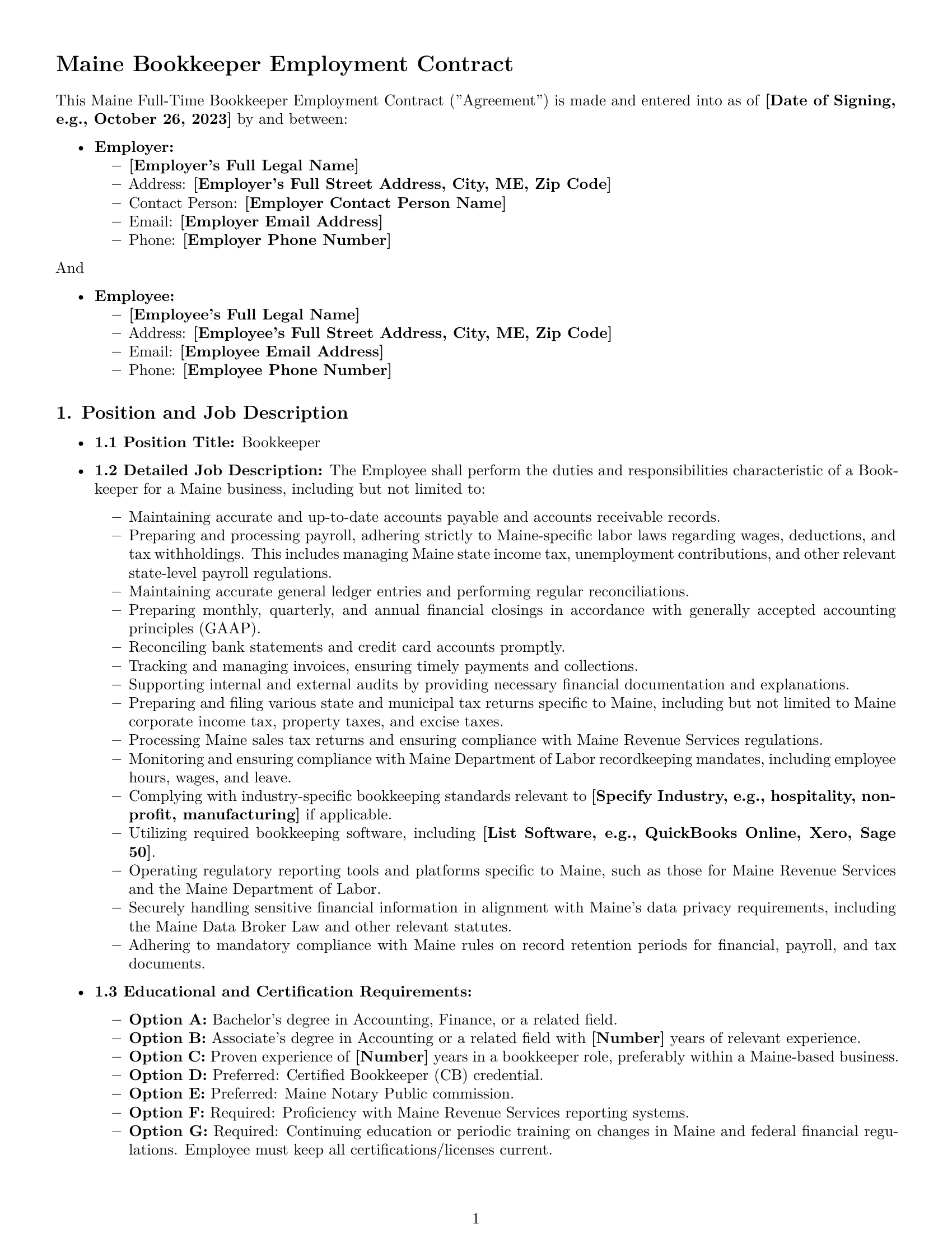 Preview page 1 of Pro Maine bookkeeper employment contract template