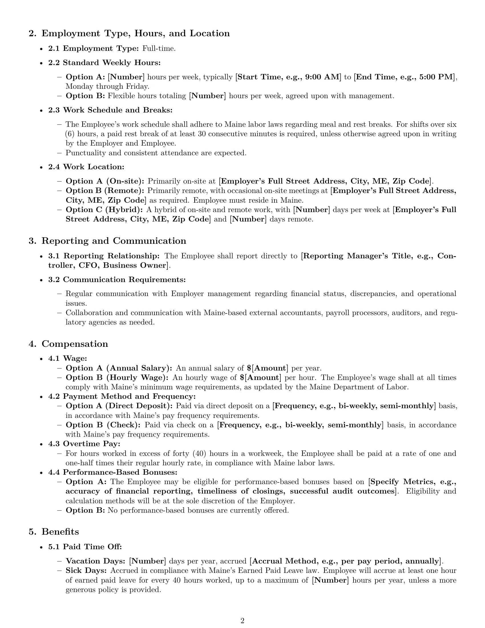 Preview page 2 of Pro Maine bookkeeper employment contract template
