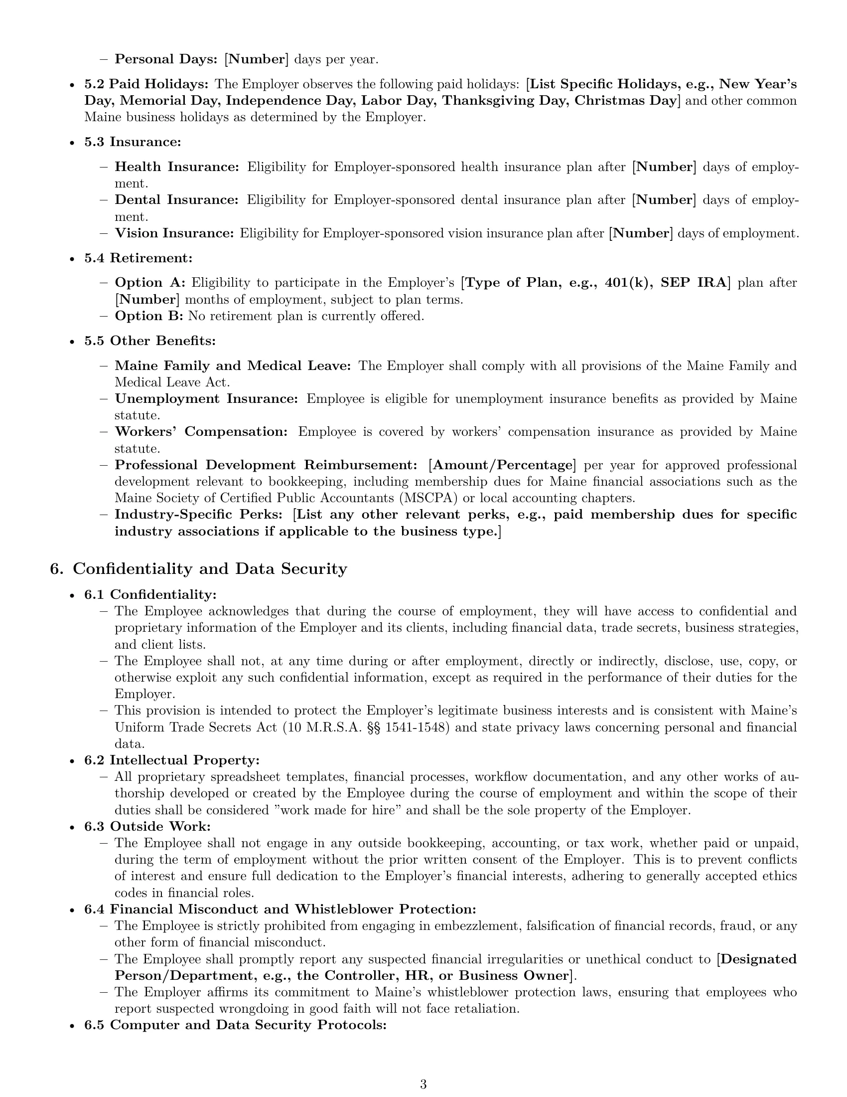 Preview page 3 of Pro Maine bookkeeper employment contract template