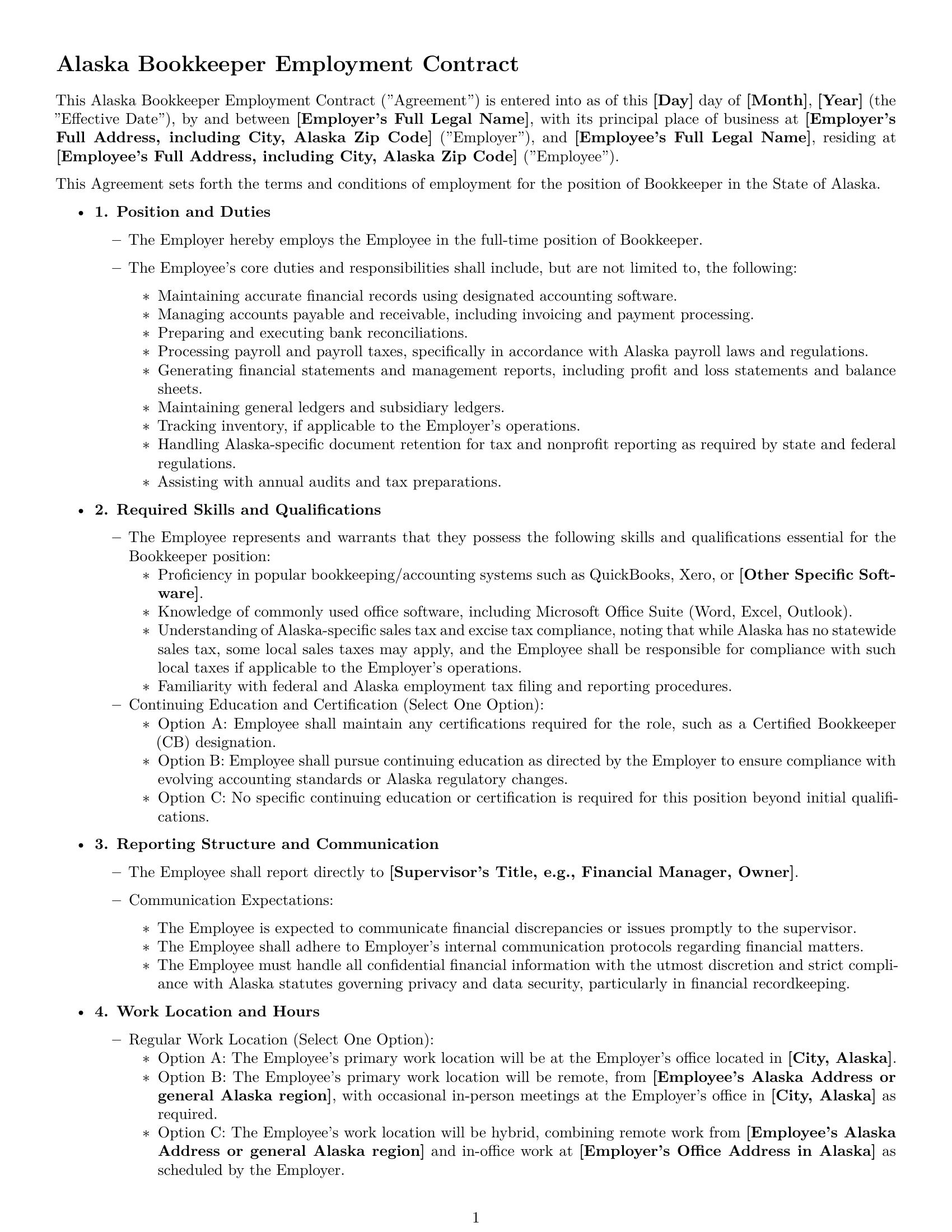 Preview page 1 of Pro Alaska bookkeeper employment contract template