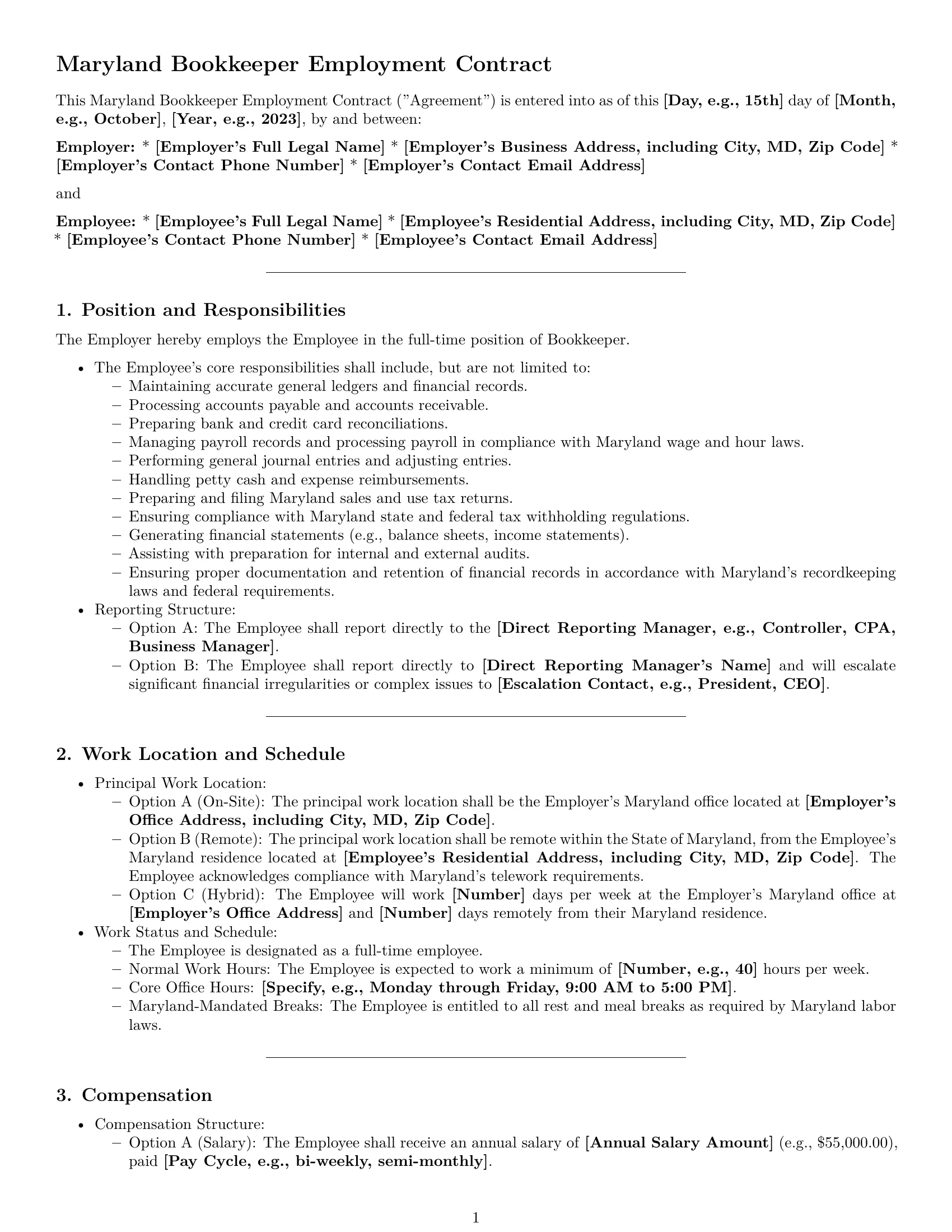 Preview page 1 of Pro Maryland bookkeeper employment contract template