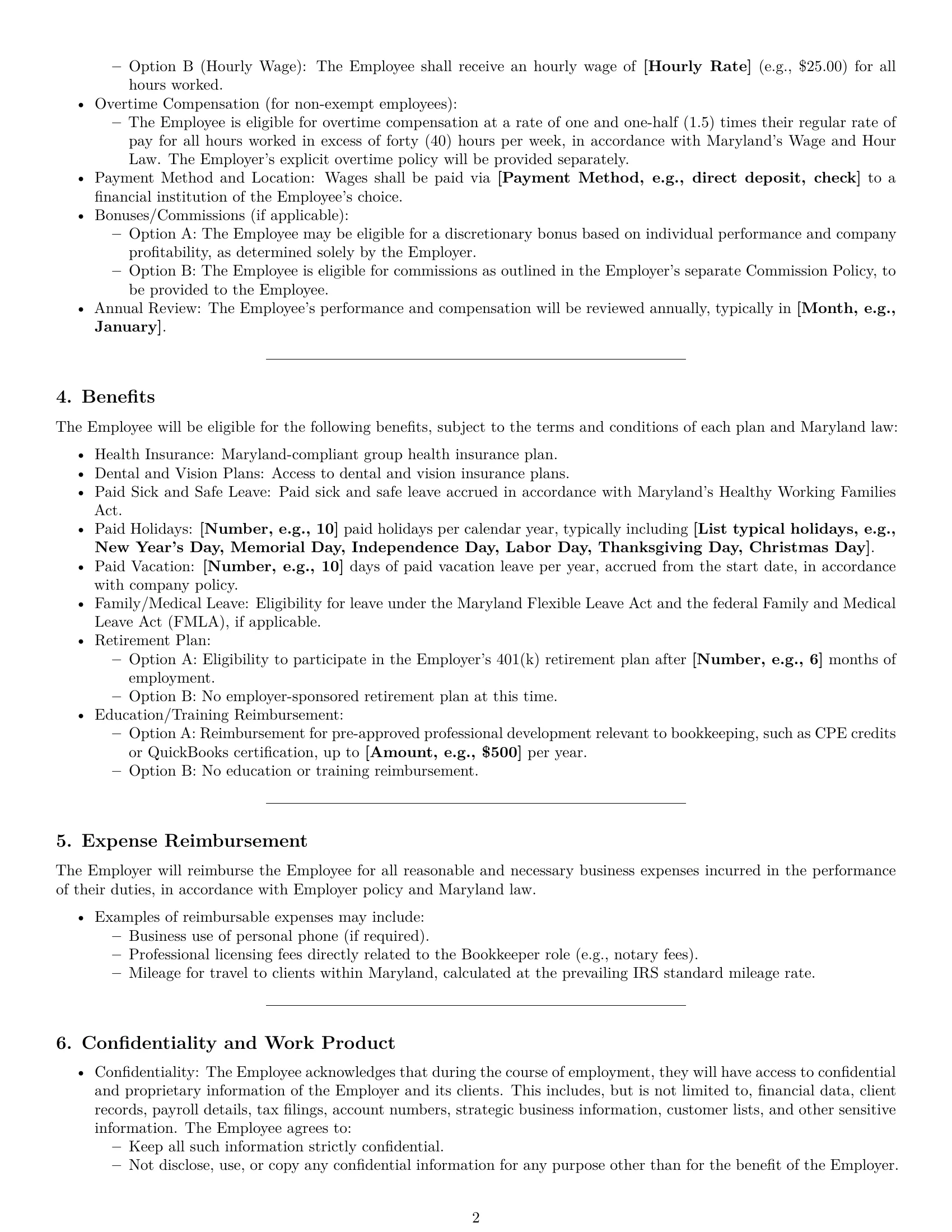 Preview page 2 of Pro Maryland bookkeeper employment contract template