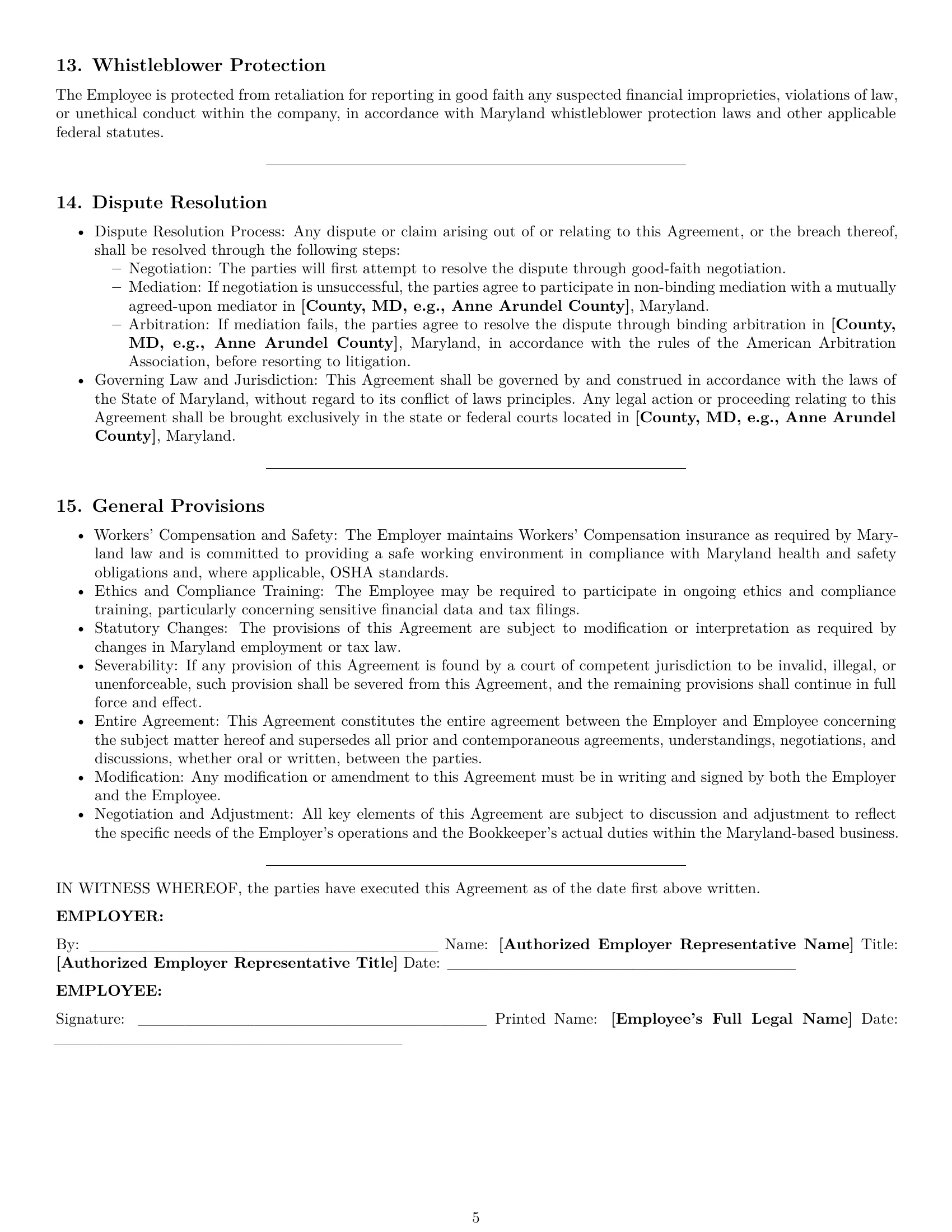 Preview page 5 of Pro Maryland bookkeeper employment contract template